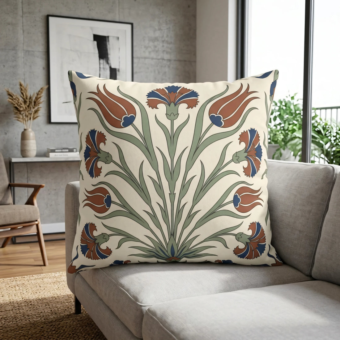 Front view of Iznik Tulip Cushion Cover on a white background.
