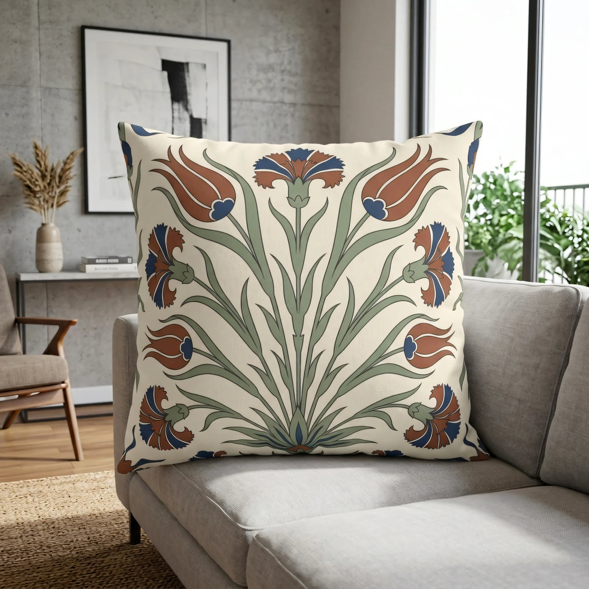 Iznik Tulip Cushion Cover, lifestyle view.