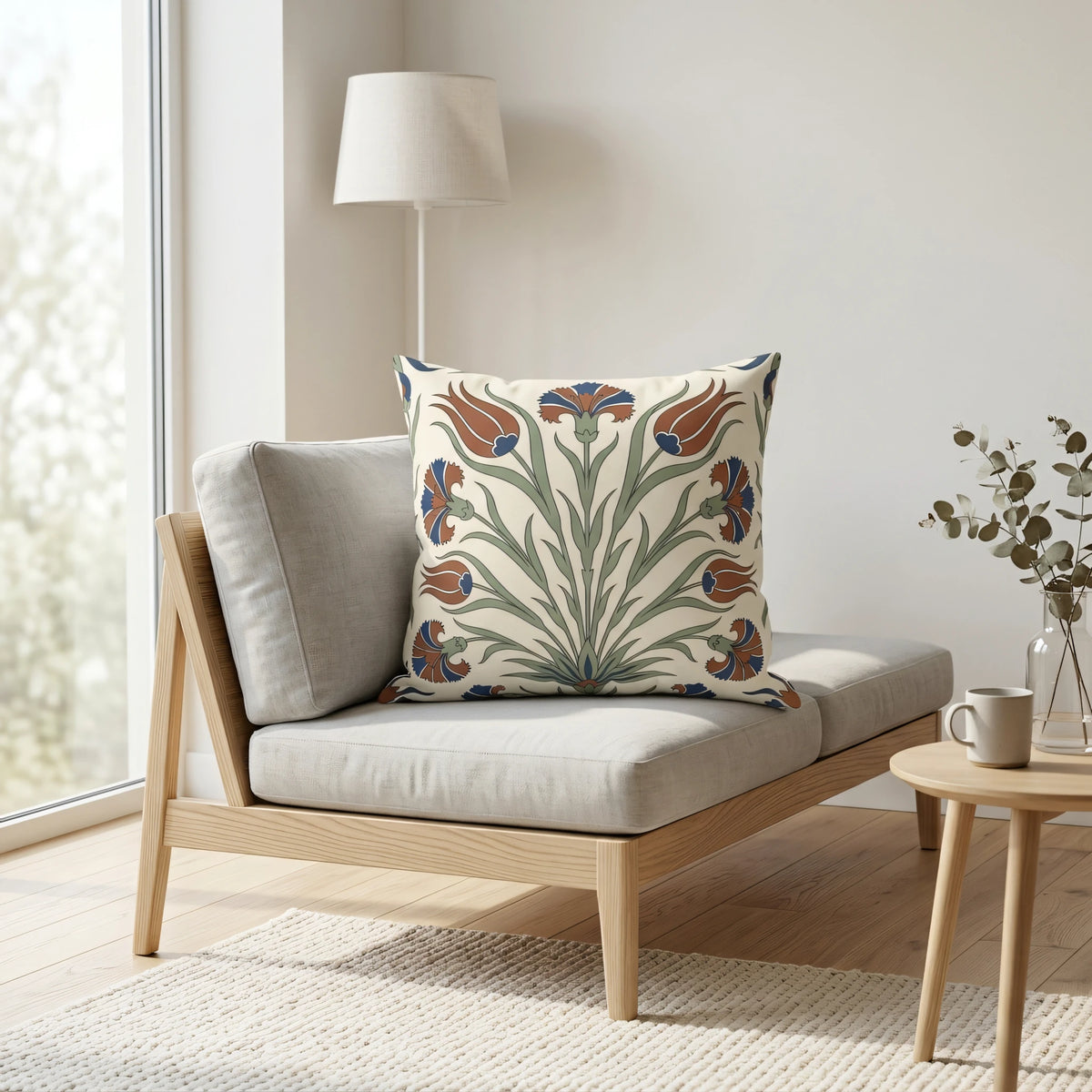 Iznik Tulip Cushion Cover, lifestyle view.