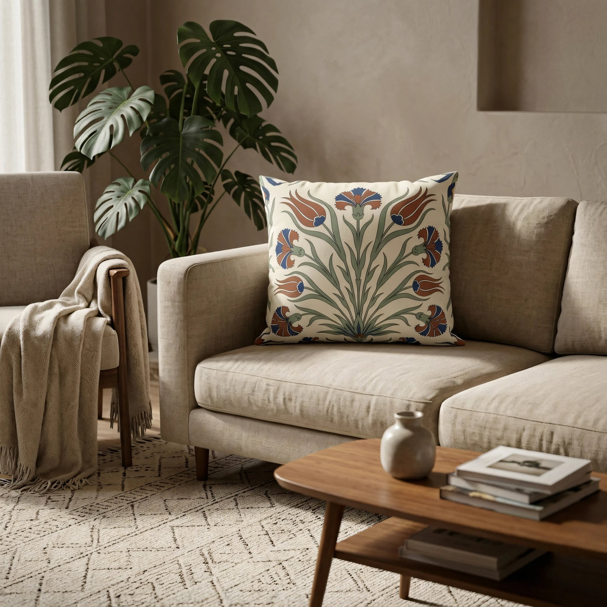Iznik Tulip Cushion Cover, lifestyle view.