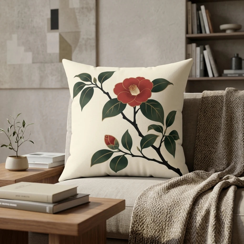 Front view of Red Tsubaki Pillow Cover on a white background.