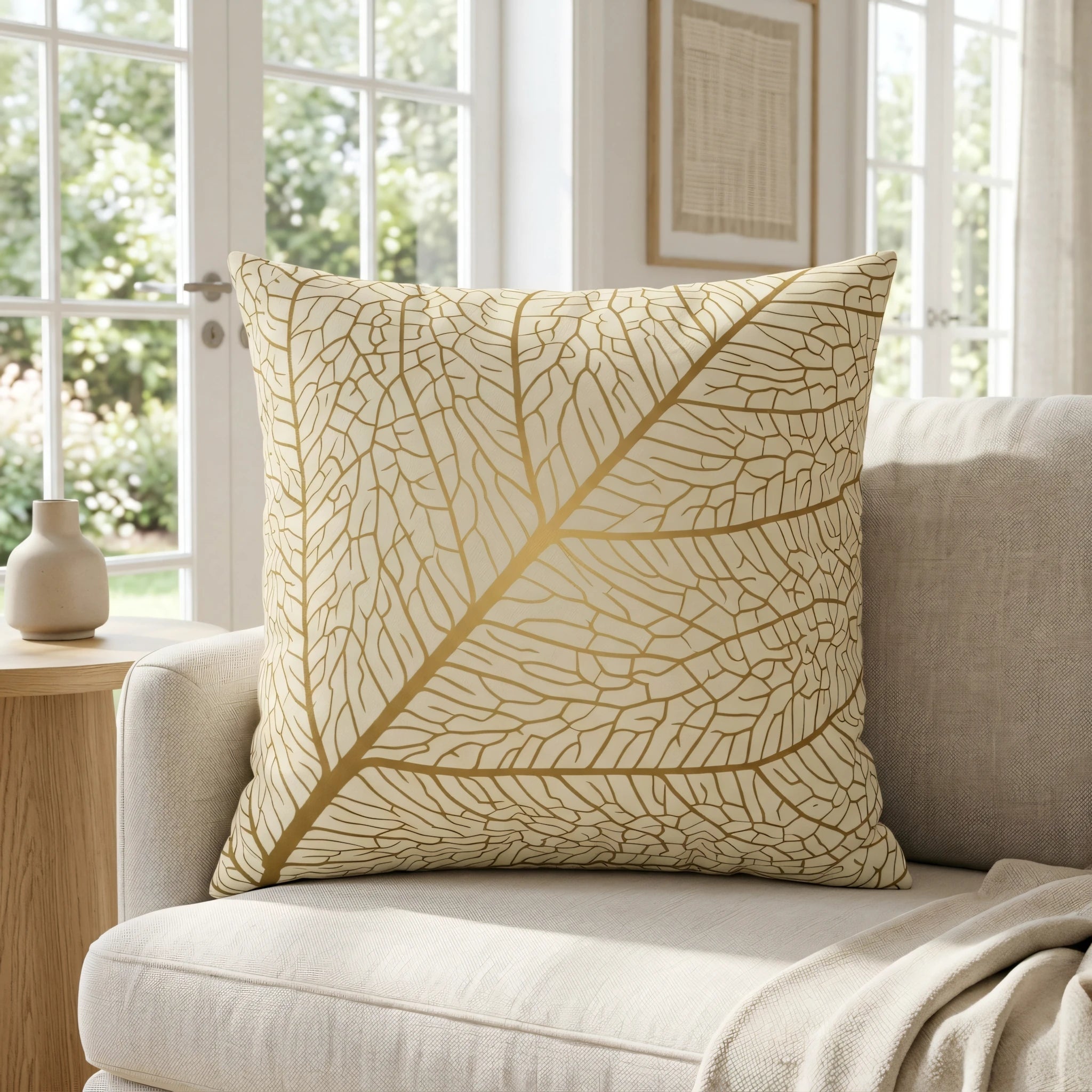 Elegant cream cushion with a gold leaf vein pattern on a beige sofa in a bright, airy living room with natural light.