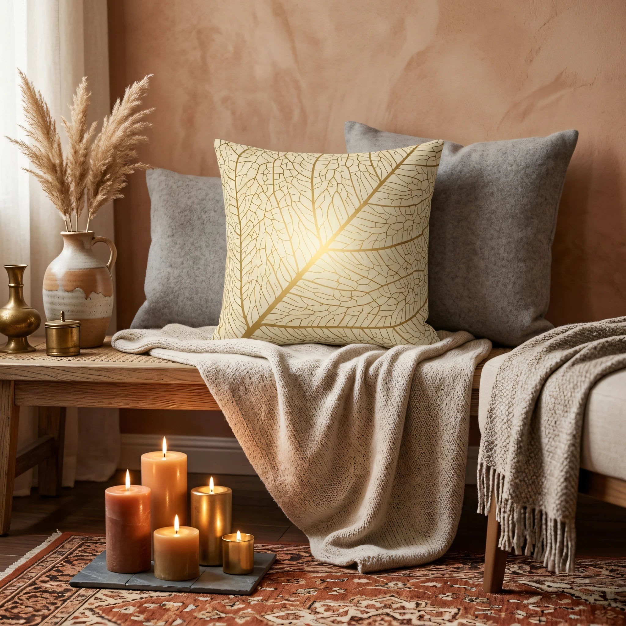 Cream cushion with a gold leaf skeleton design on a wooden bench. Cosy lifestyle scene with candles, knit throw, and pampas grass decor.