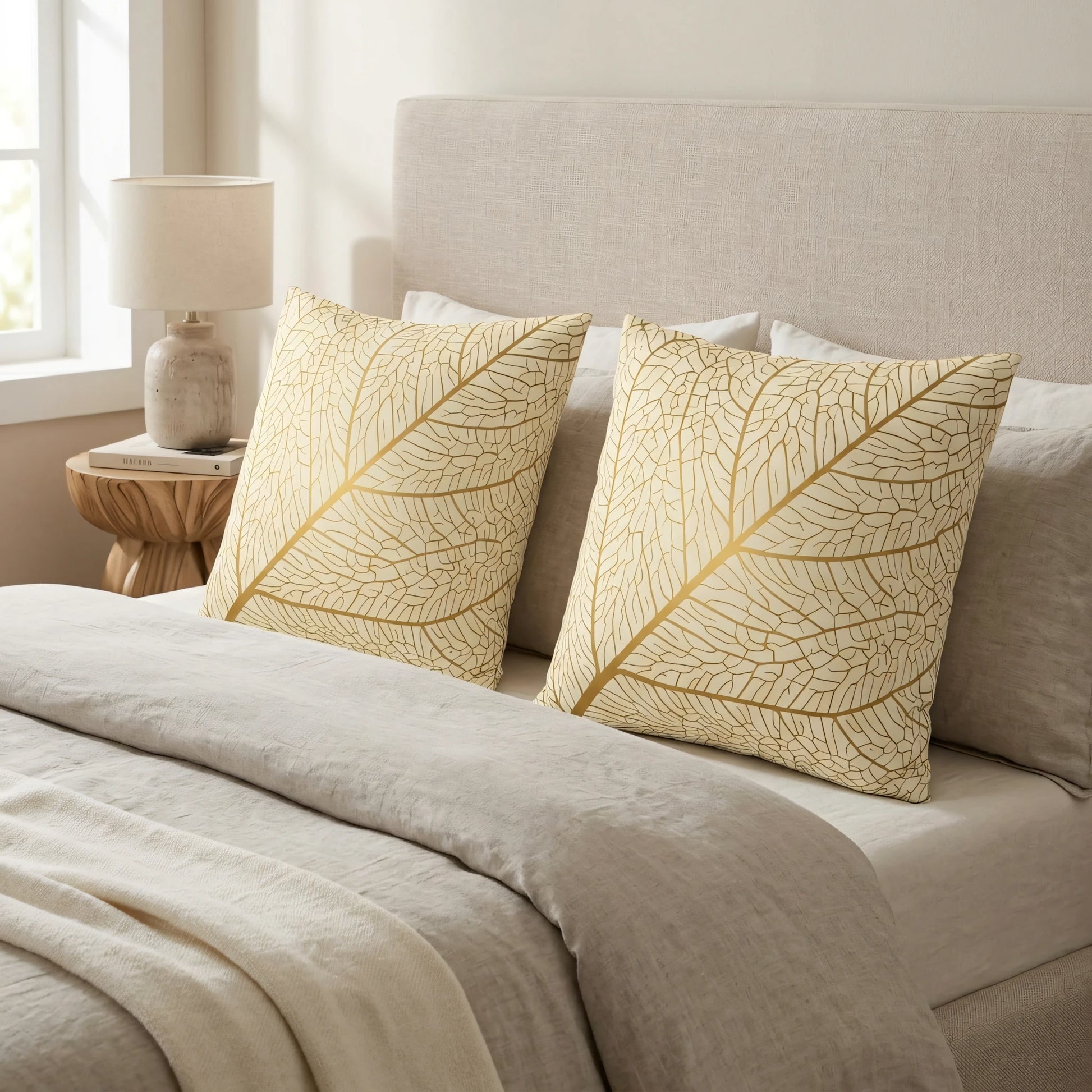 Pair of decorative cushions with a gold leaf vein pattern on a beige bed with neutral linens and a headboard in a bright bedroom lifestyle scene.