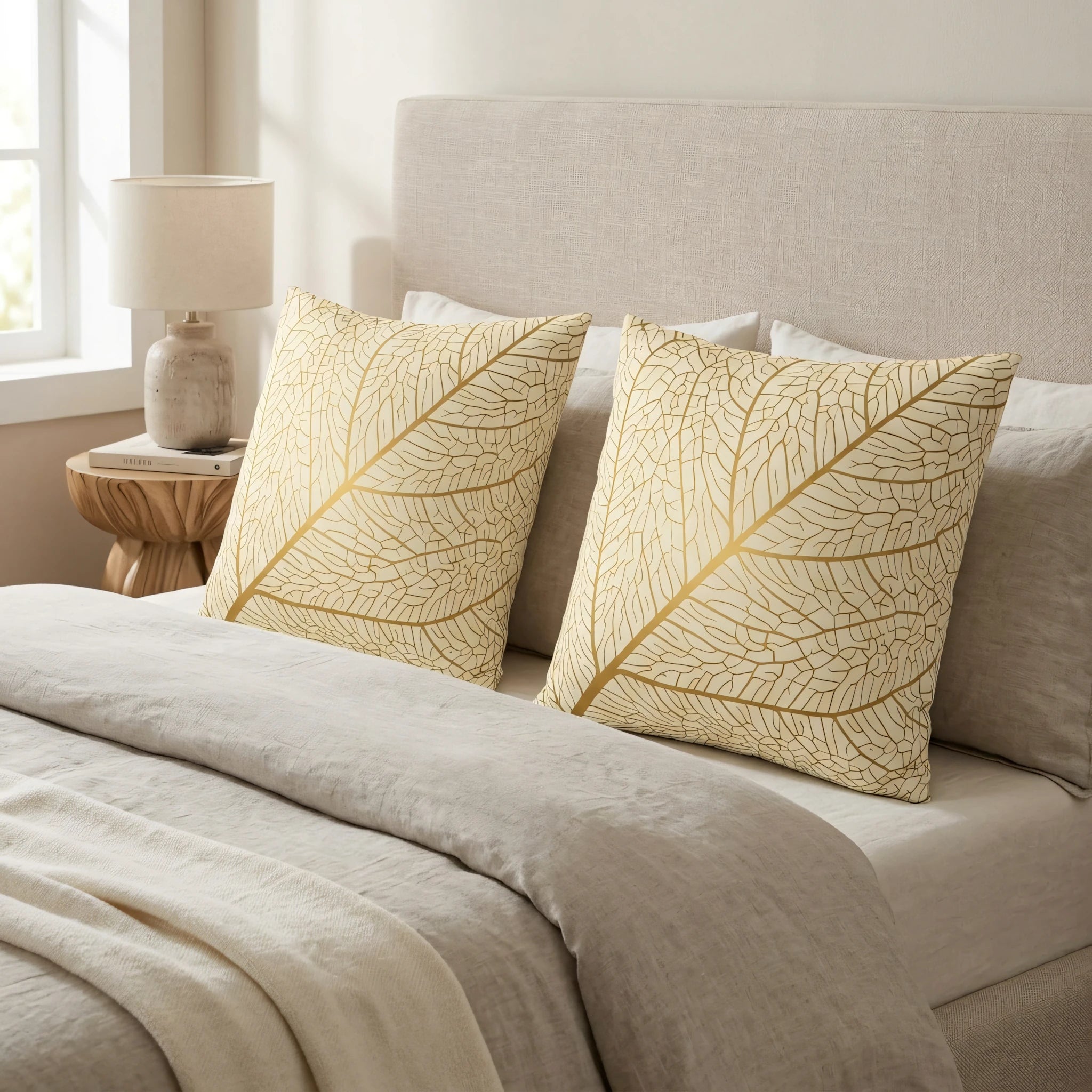 Pair of decorative cushions with a gold leaf vein pattern on a beige bed with neutral linens and a headboard in a bright bedroom lifestyle scene.