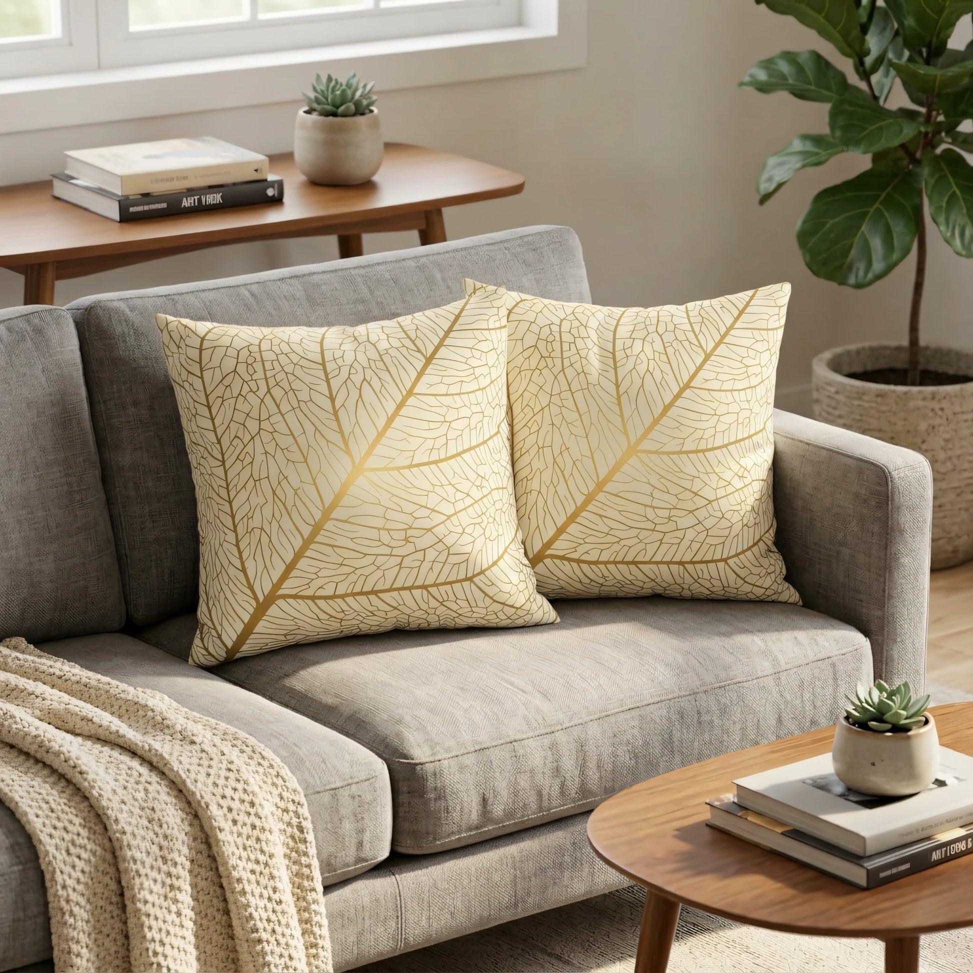 Pair of cream decorative cushions with a gold leaf pattern on a grey sofa in a bright living room with wooden furniture and indoor plants.