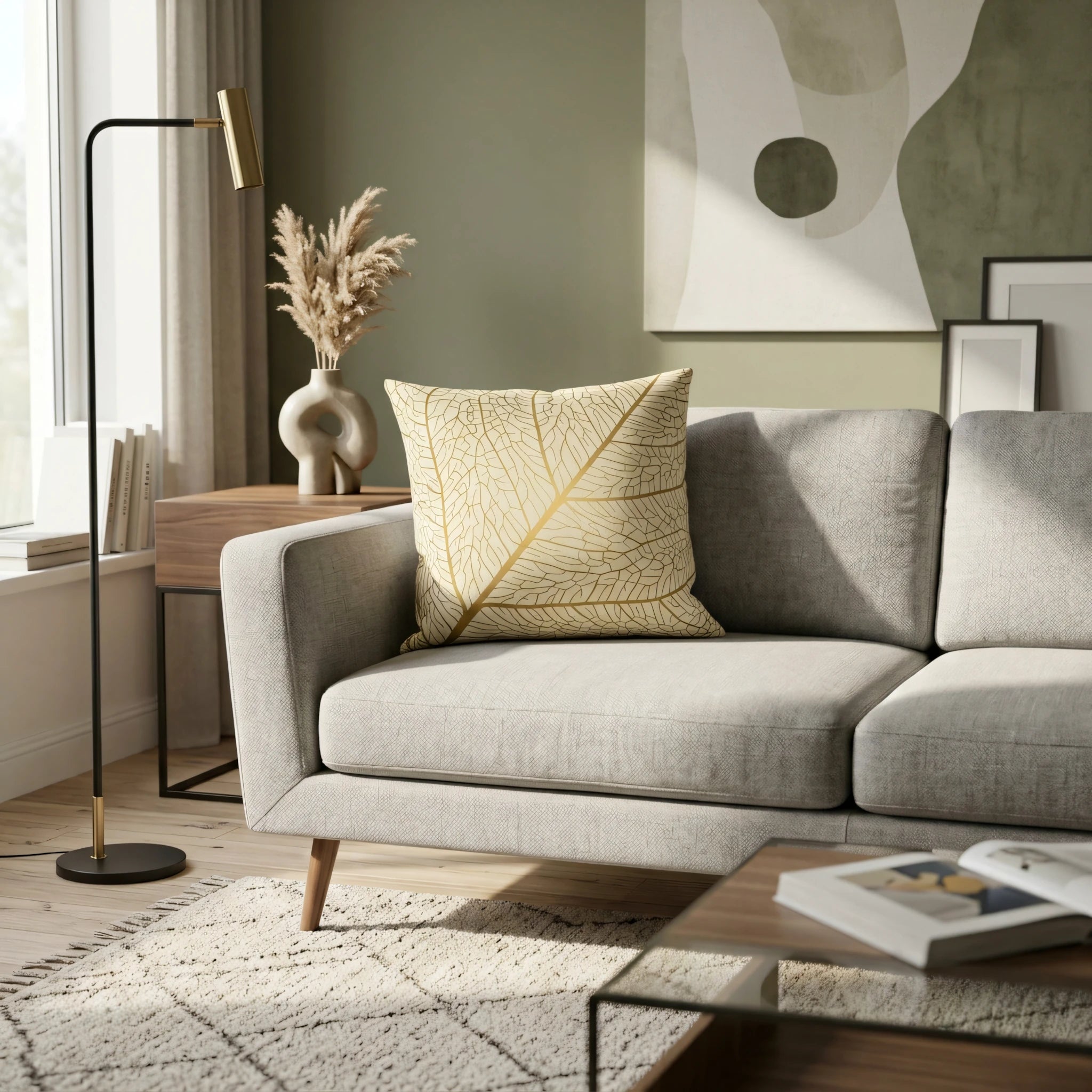 Cream decorative pillow with gold leaf vein pattern on a gray sofa in a modern living room with olive green walls and natural light.