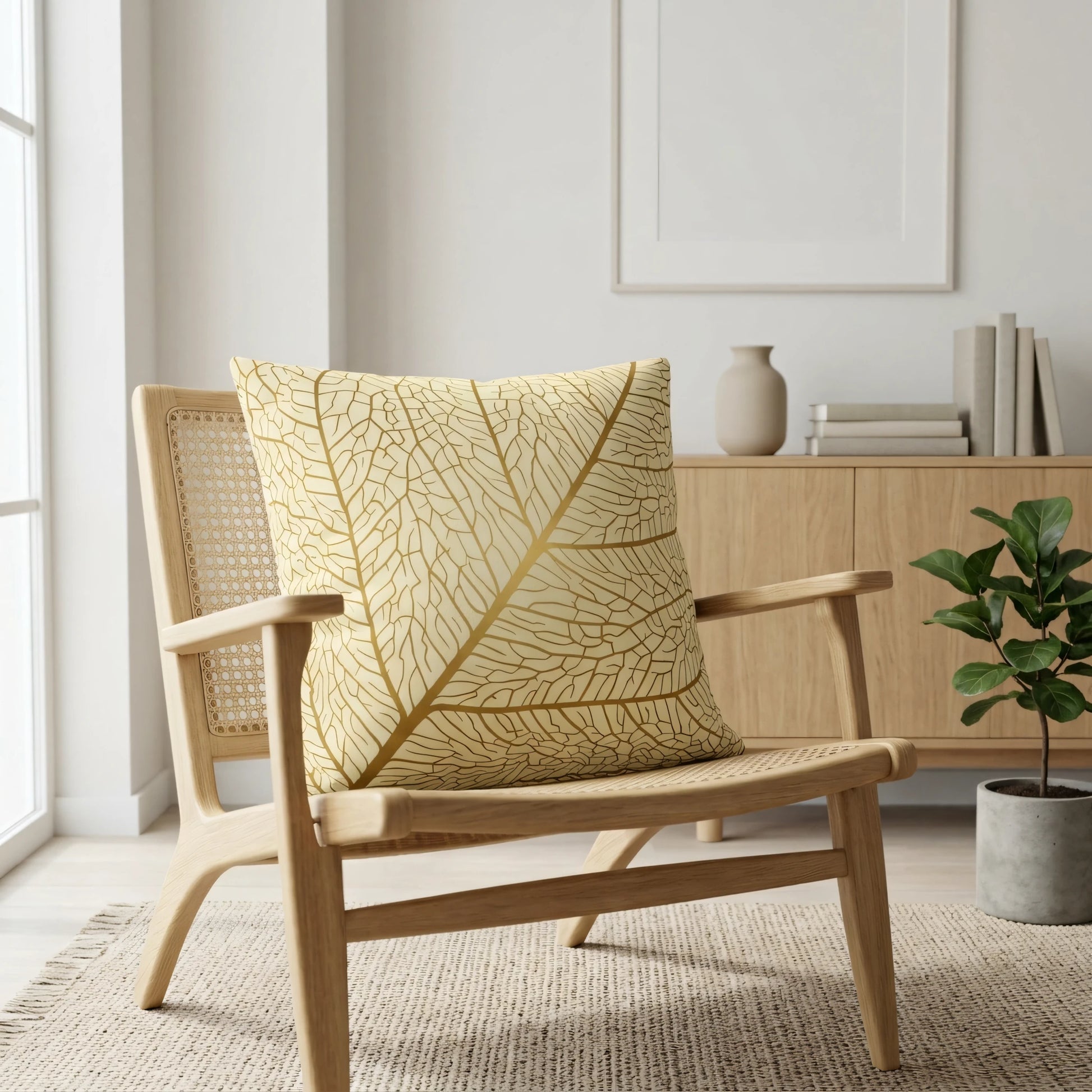 Cream throw pillow with a gold leaf vein pattern on a wooden rattan chair in a bright minimalist interior with a modern wooden sideboard.