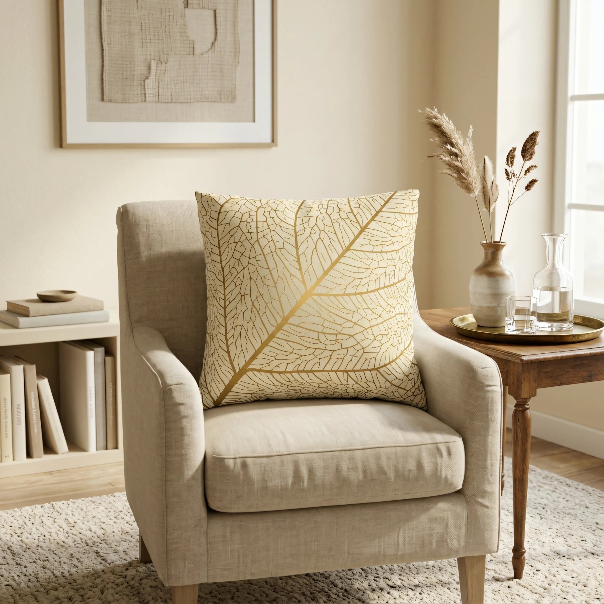 Square beige cushion with a gold leaf vein pattern on an armchair in a minimalist living room with neutral decor and dried floral accents.