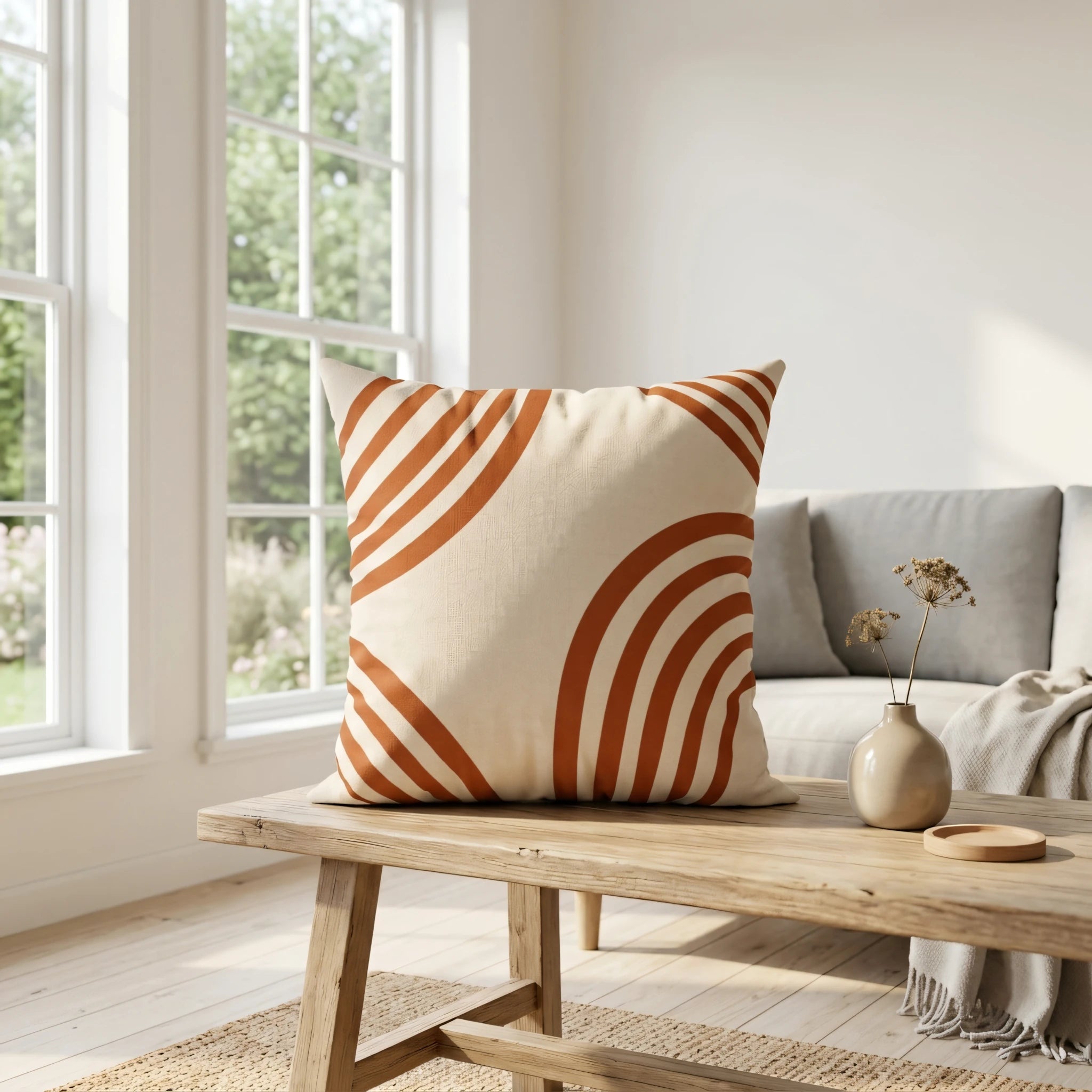 Square throw pillow with orange arc patterns on a wooden coffee table in a bright, modern living room with large windows.