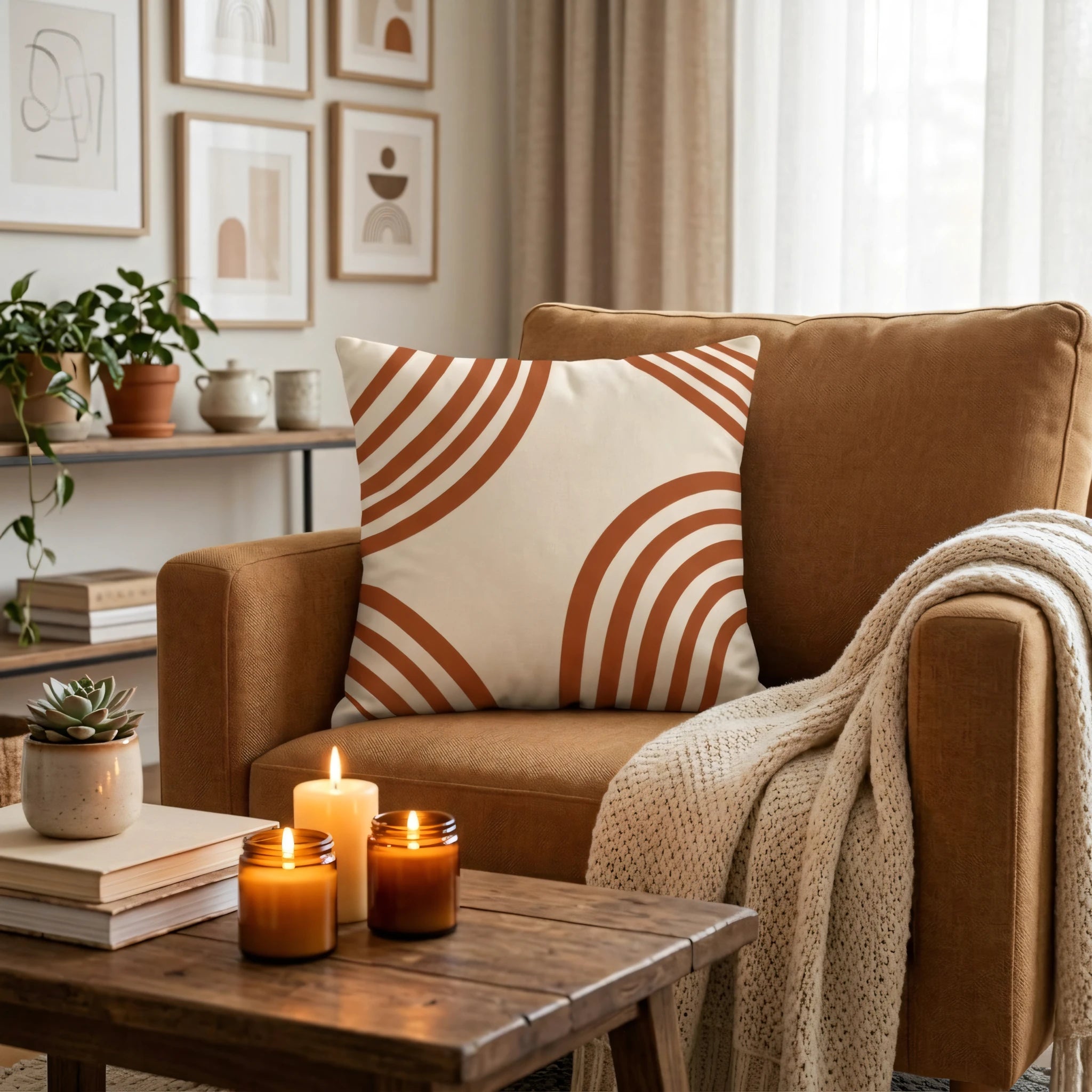 Modern boho throw pillow with burnt orange rainbow patterns on an armchair in a cozy living room with candles and a warm knit blanket.