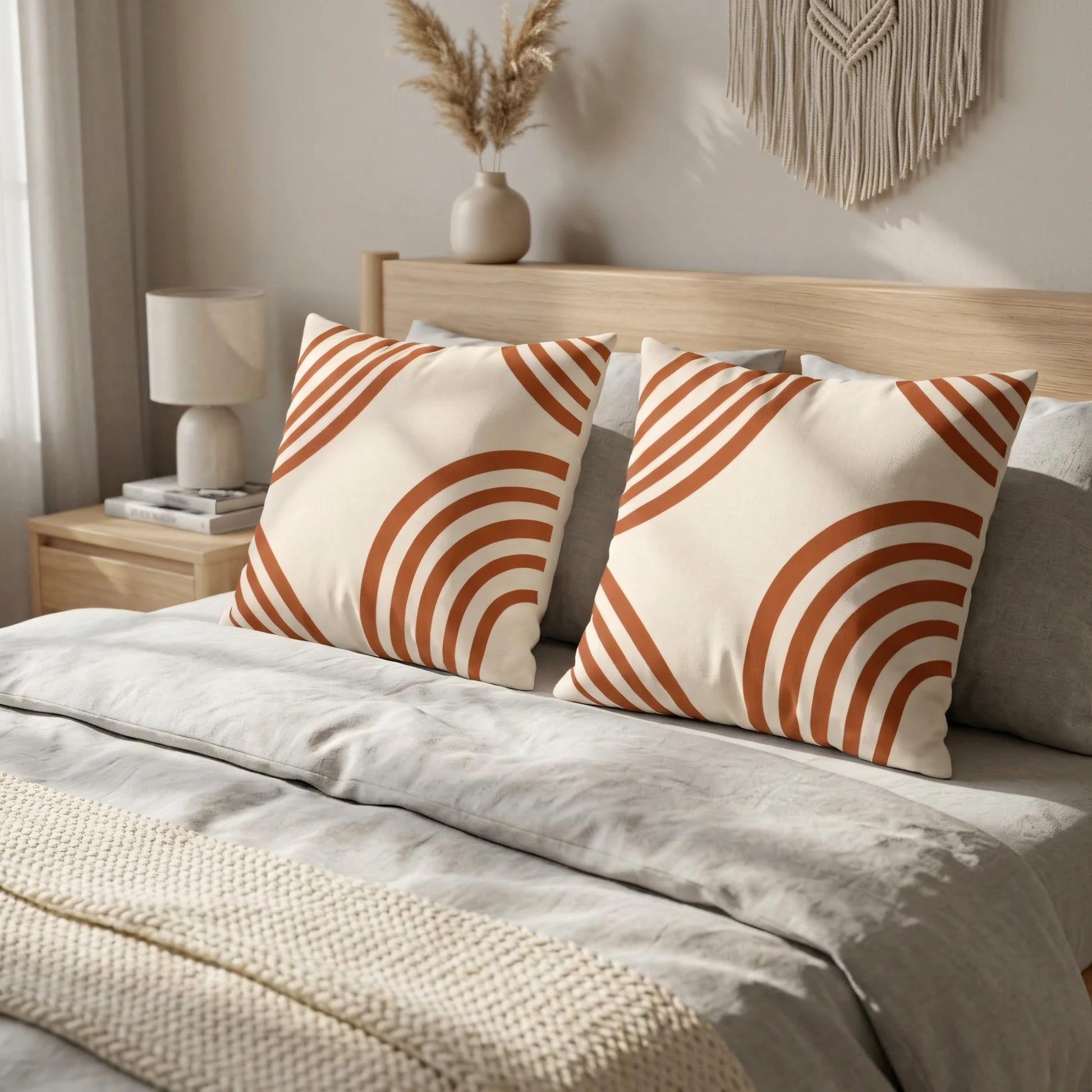 Two terracotta arch pattern pillows on a bed with light grey bedding and a wooden headboard in a cozy, minimalist bohemian style bedroom.