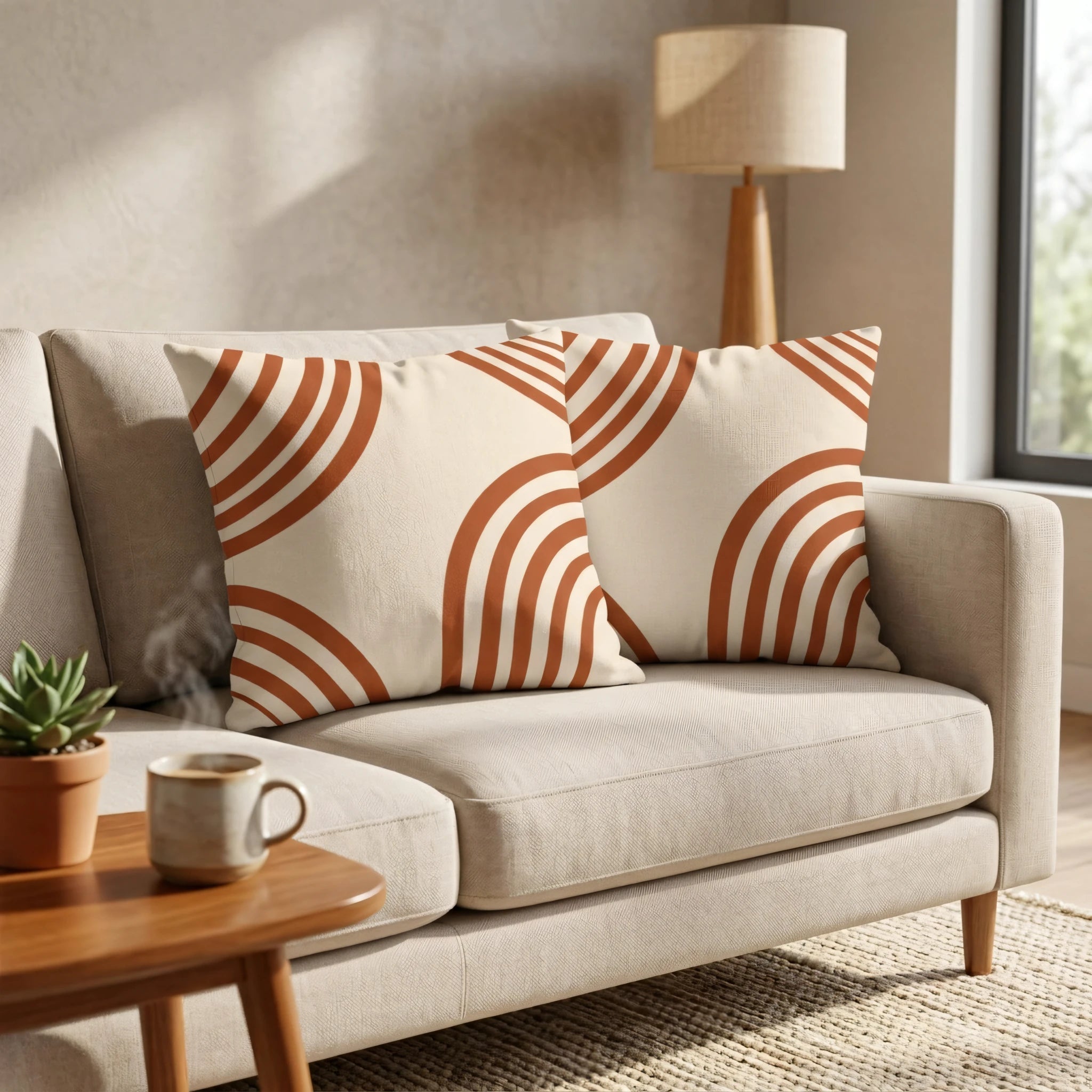 Two cream throw pillows with terracotta arch patterns on a beige sofa in a cozy, sunlit living room lifestyle setting.