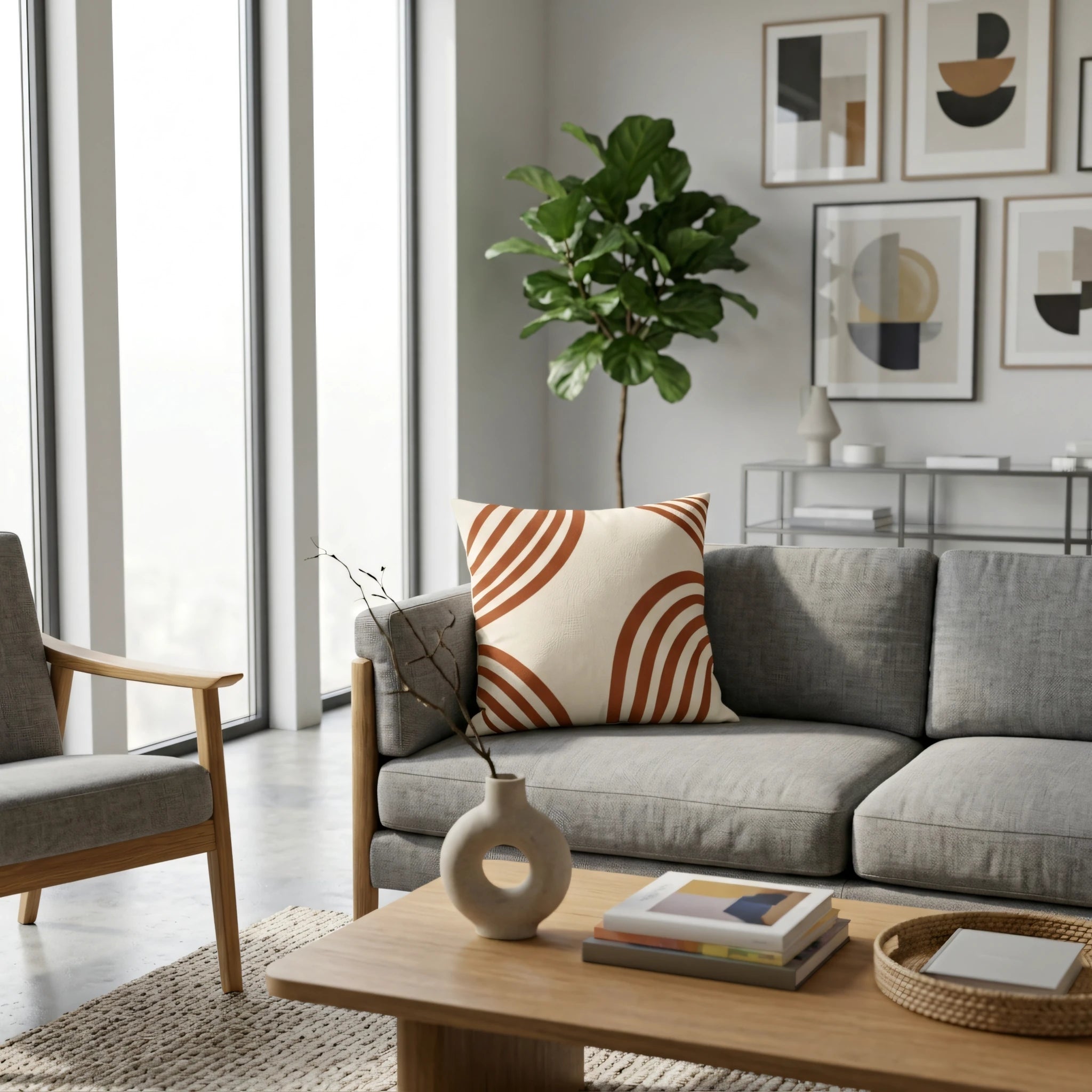 Modern living room featuring a terracotta and cream arched pattern coussin on a grey fabric sofa with minimalist decor.
