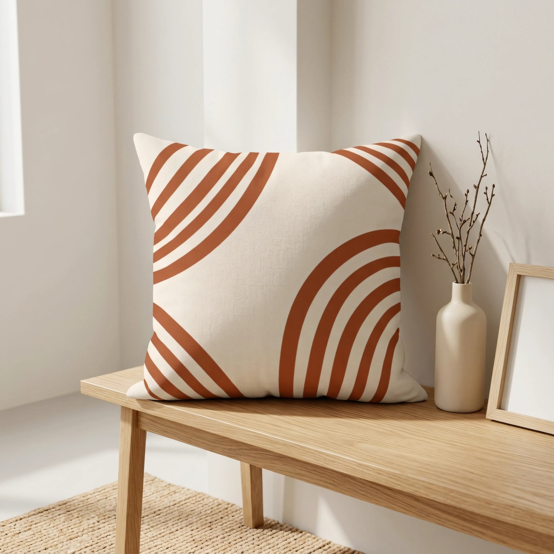 Terracotta abstract arch pattern throw pillow on a light wood bench in a minimalist interior setting with neutral walls and a decorative vase.