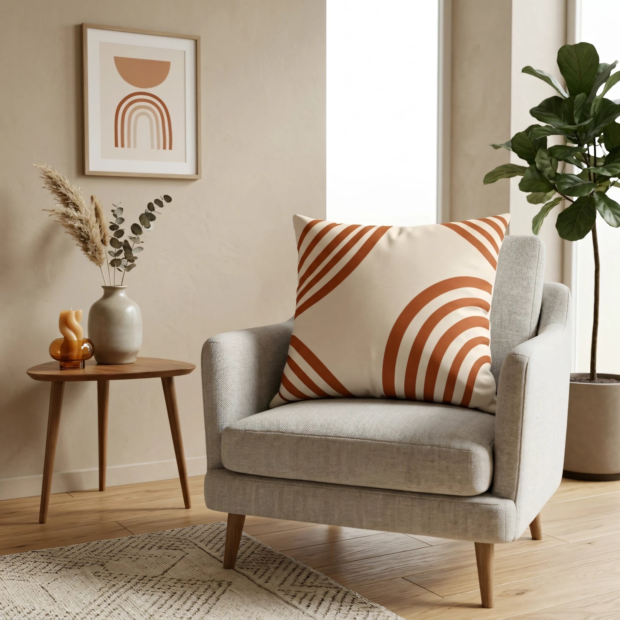 Modern terracotta and cream throw pillow with abstract arc patterns on a grey armchair in a minimalist room with a side table and green plant.