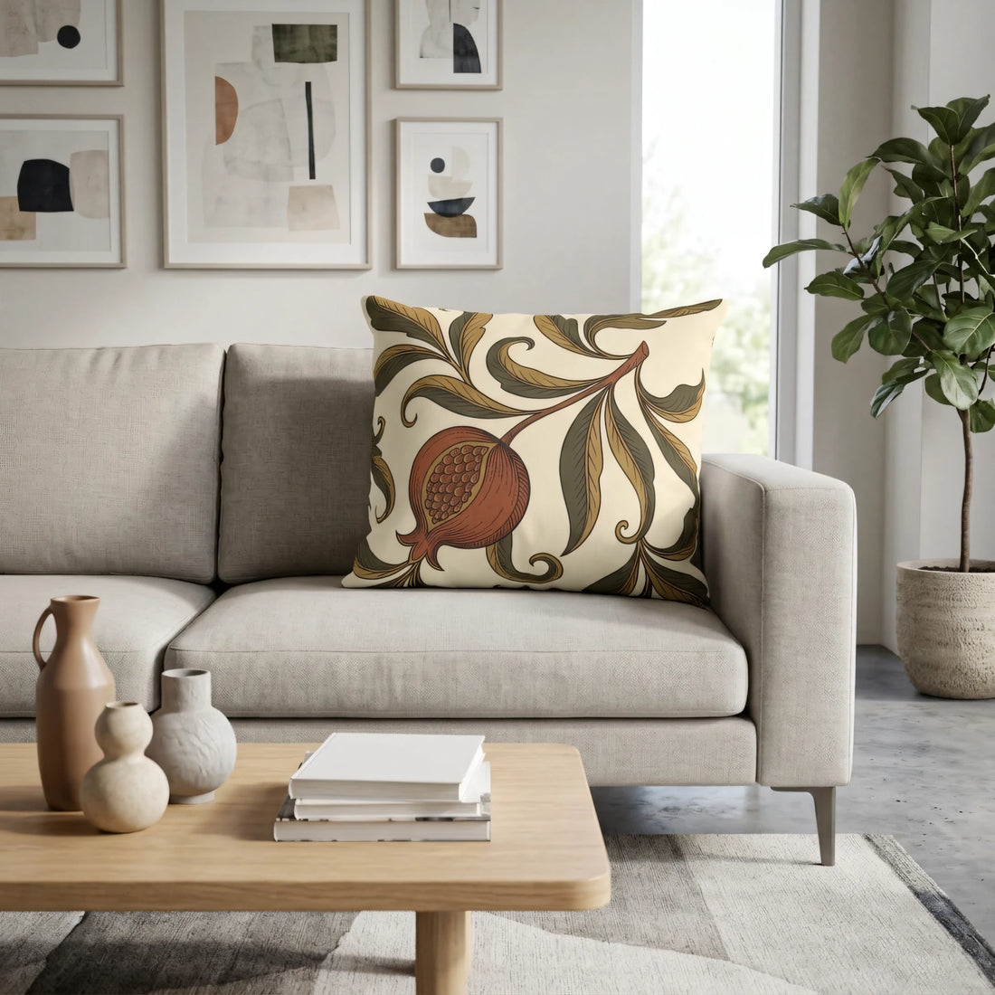 Front view of Art Nouveau Botanical Cushion Cover Cream on a white background.