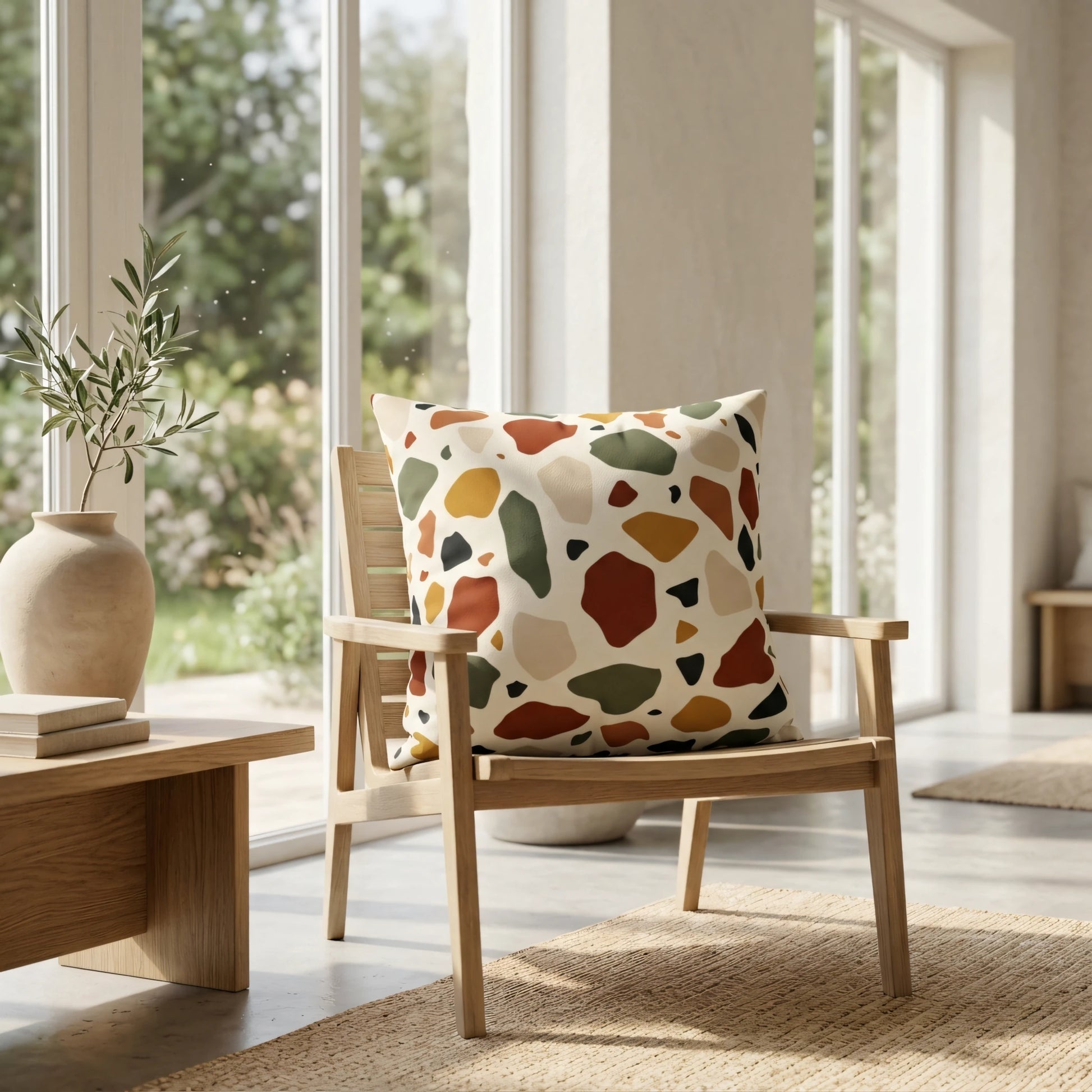 Abstract earthy terrazzo pattern cushion on a wooden armchair in a bright modern room with natural light and minimalist decor.