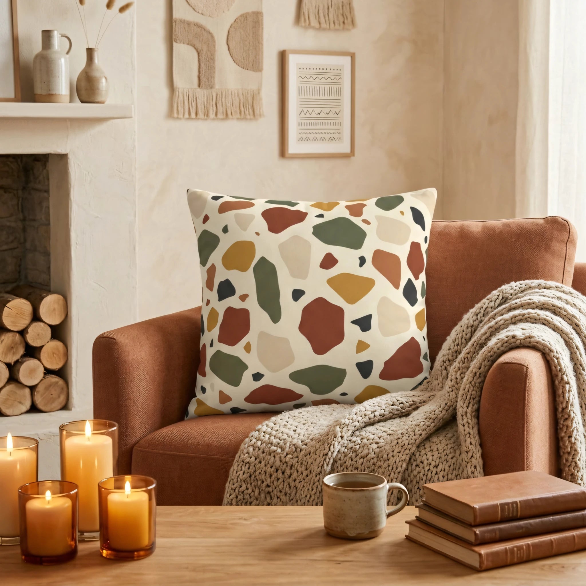 Abstract earth-toned patterned cushion on a terracotta armchair with a knit throw and candles in a warm, cozy home decor setting.