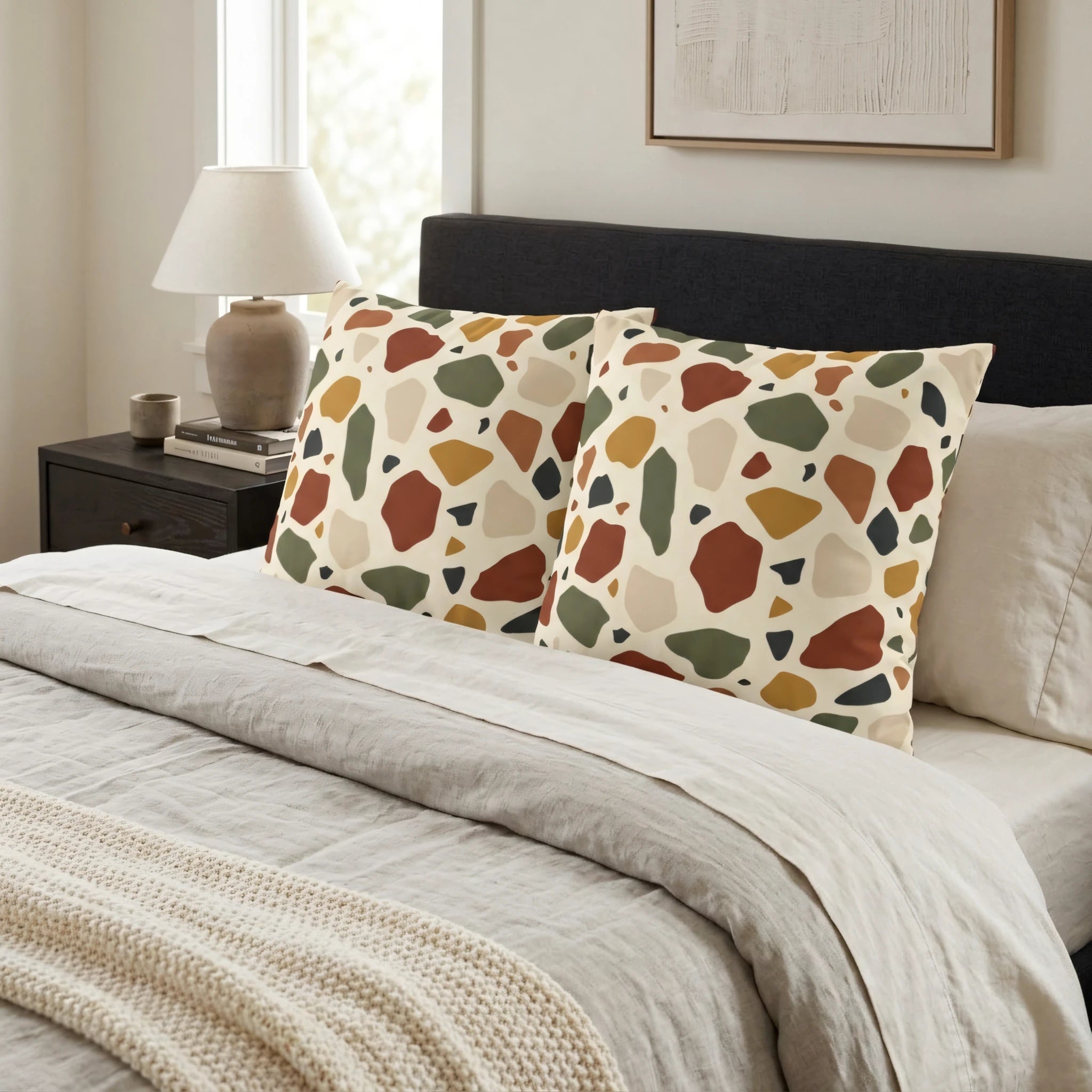 Two pillows with a terracotta and olive green abstract pattern on a stylish bed with neutral linens, a dark headboard, and a bedside lamp.