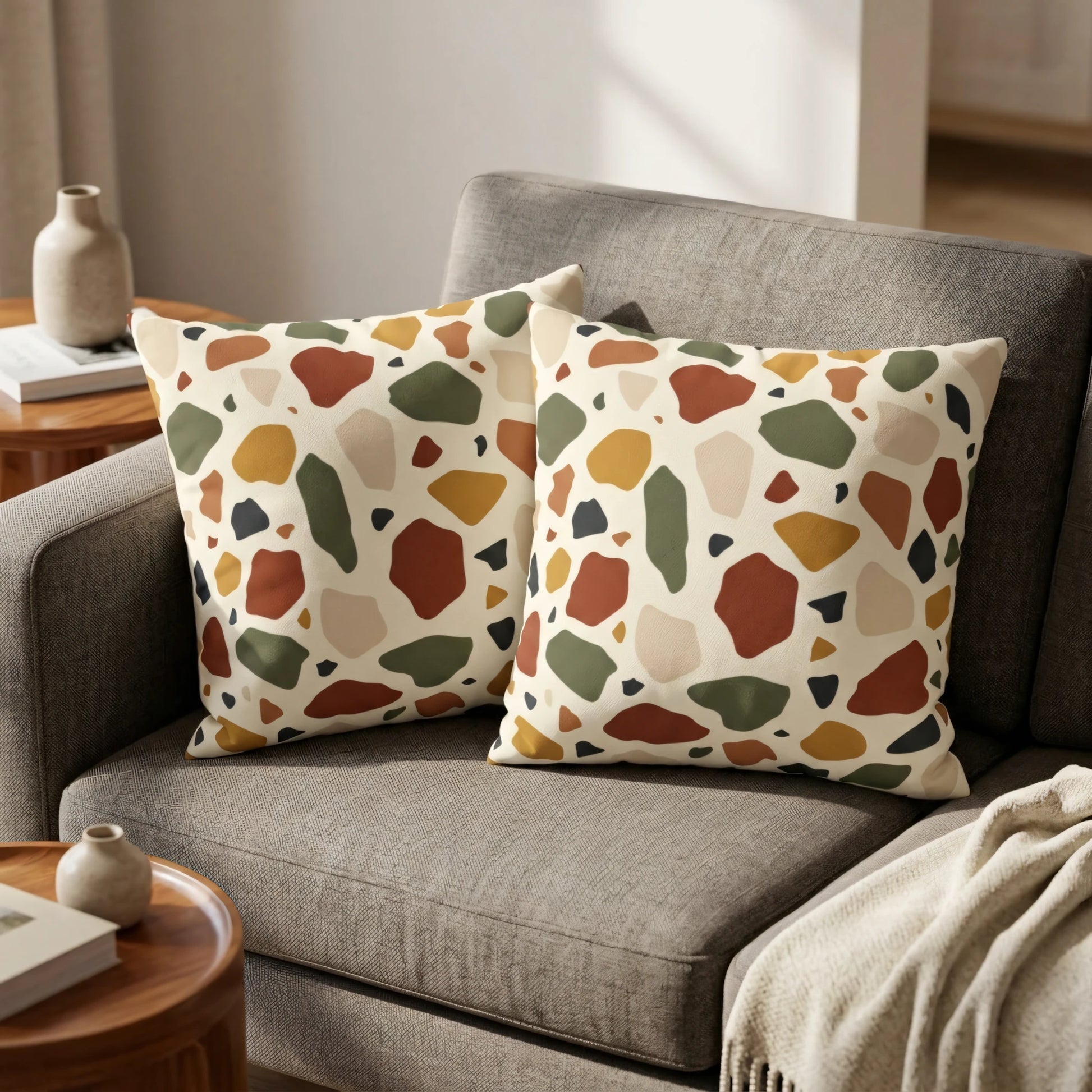 Pair of square cushions featuring a modern terracotta and sage green terrazzo design, styled on a grey armchair in a warm, minimalist home.