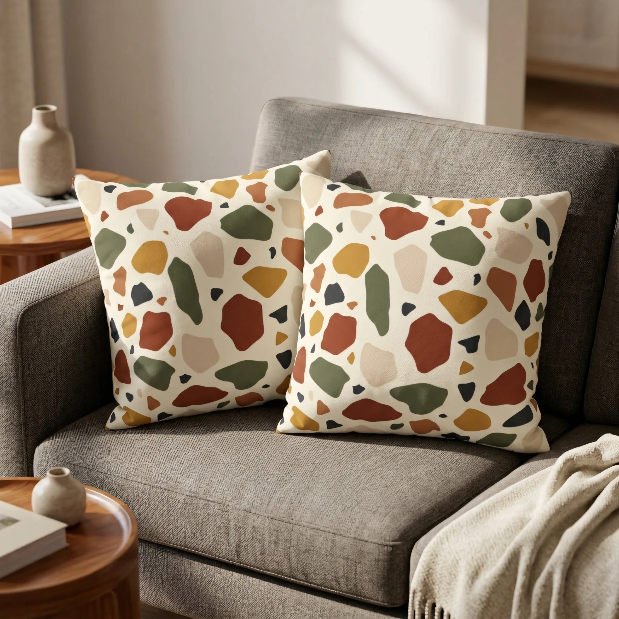 Pair of square cushions featuring a modern terracotta and sage green terrazzo design, styled on a grey armchair in a warm, minimalist home.