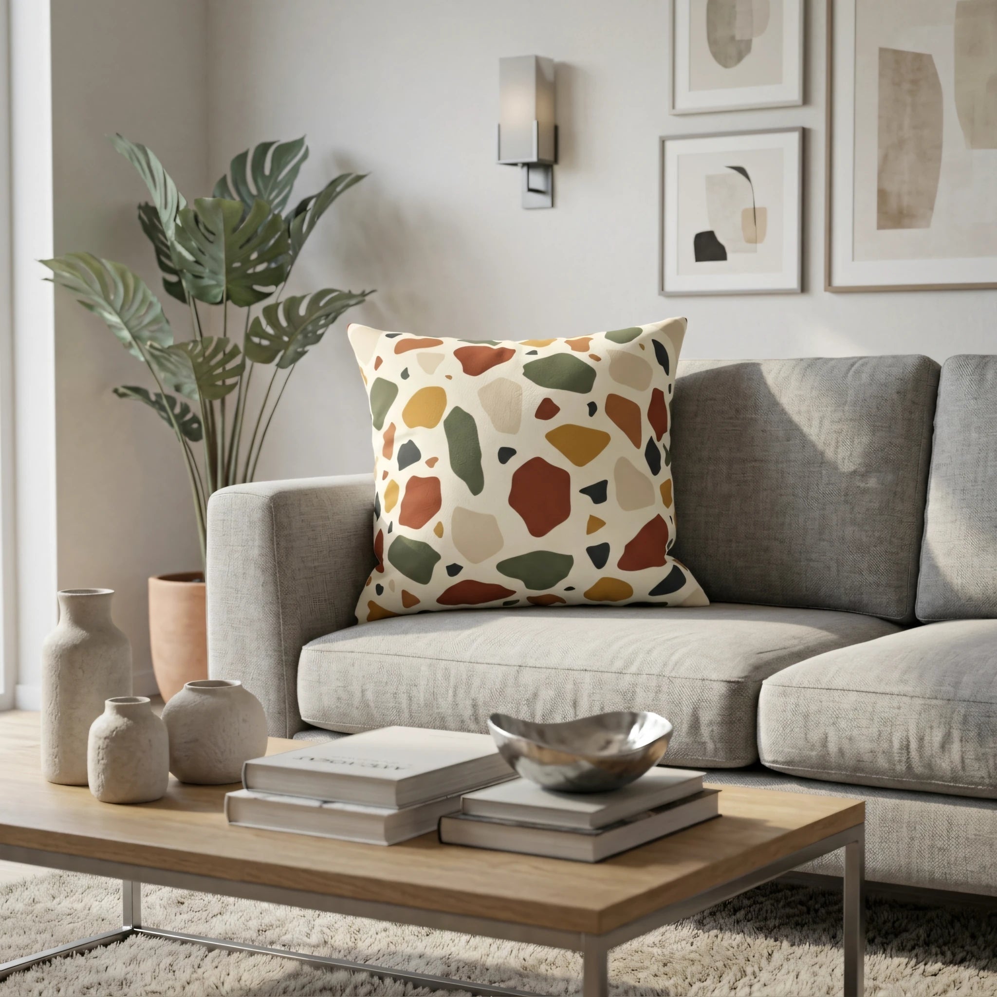 Decorative throw pillow with abstract organic shapes in terracotta, green, and mustard yellow on a grey couch in a bright modern living room.