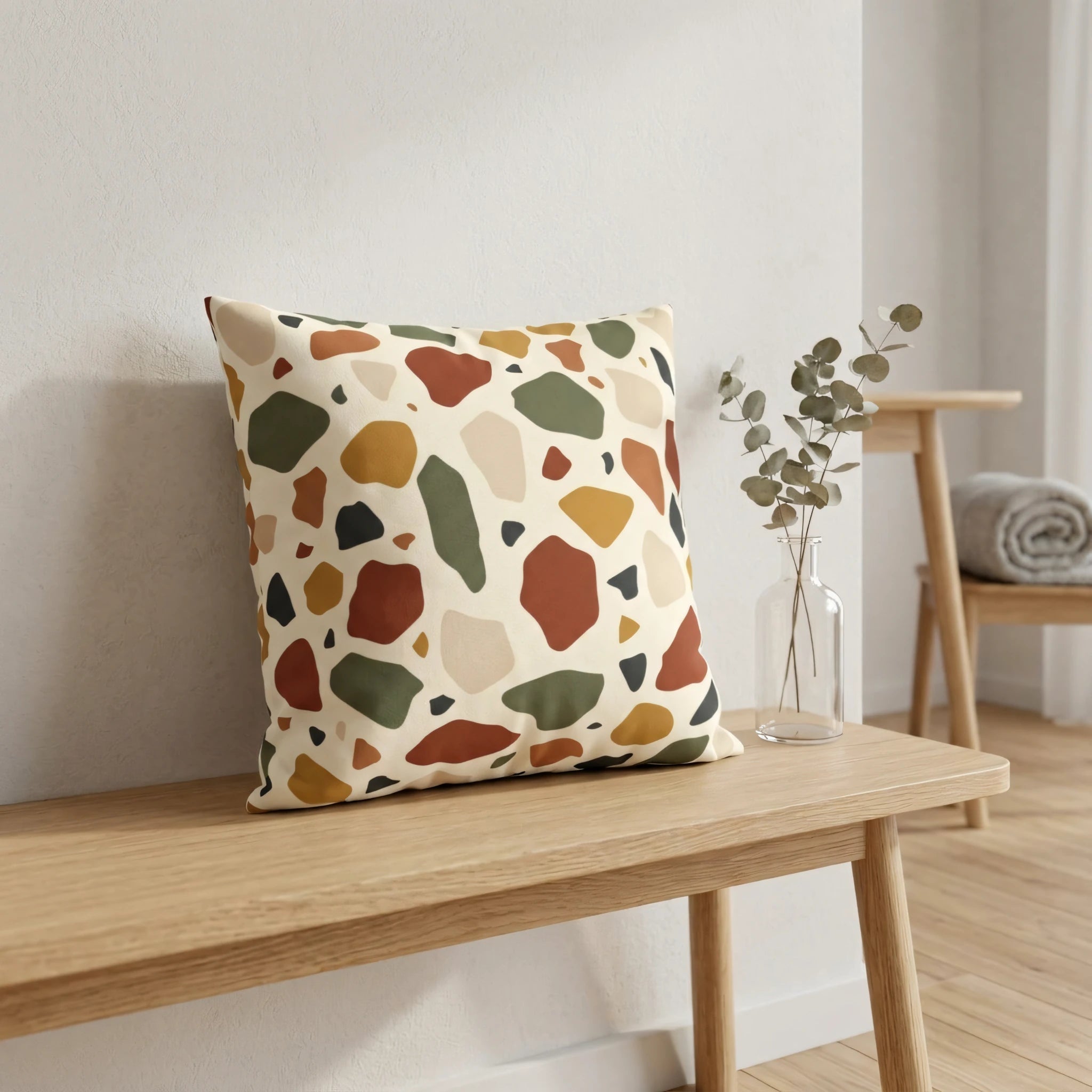 Decorative cushion with earthy abstract shapes on a wooden bench in a bright minimalist interior featuring a glass vase and neutral walls.