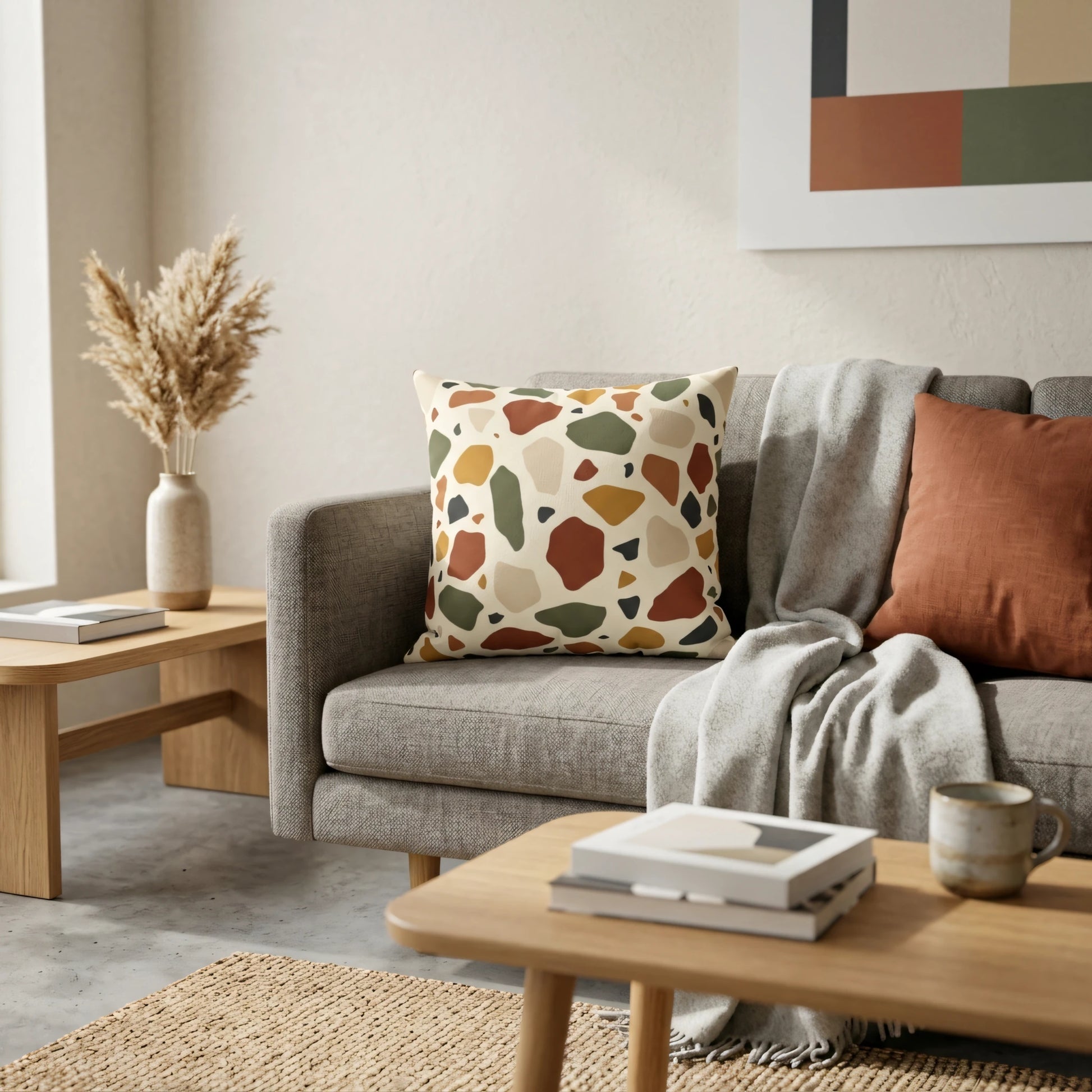 Decorative throw pillow with an earthy terrazzo pattern on a grey couch in a modern, minimalist living room with neutral decor and wooden tables.