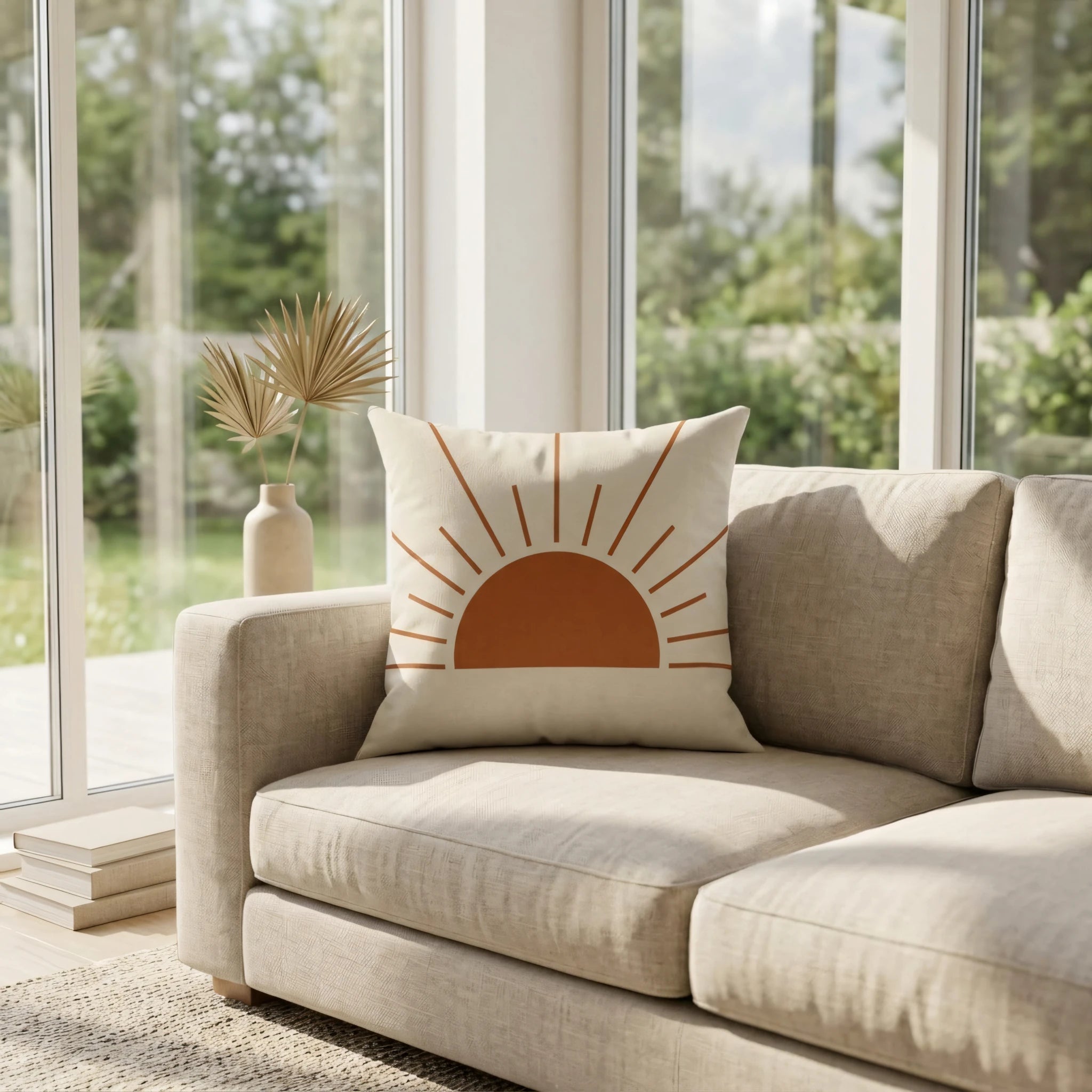 Boho sun cushion with terracotta rays on a cream pillow, styled on a beige sofa in a bright, minimalist living room with natural light.