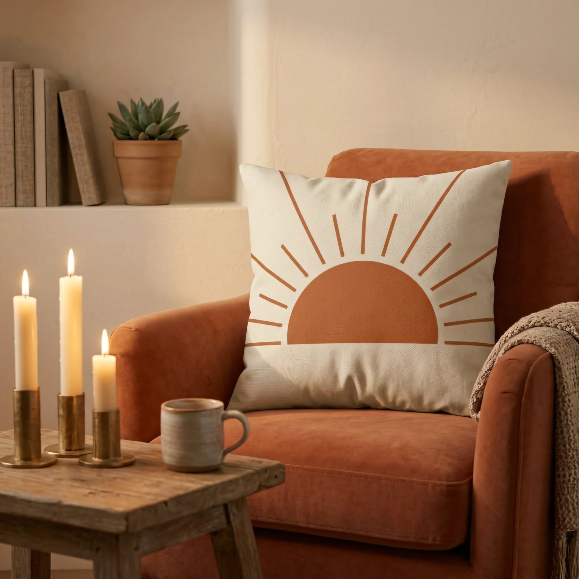 Cream boho cushion featuring a burnt orange sunset pattern, styled on a plush armchair with candles and books for a warm, cozy home ambiance.