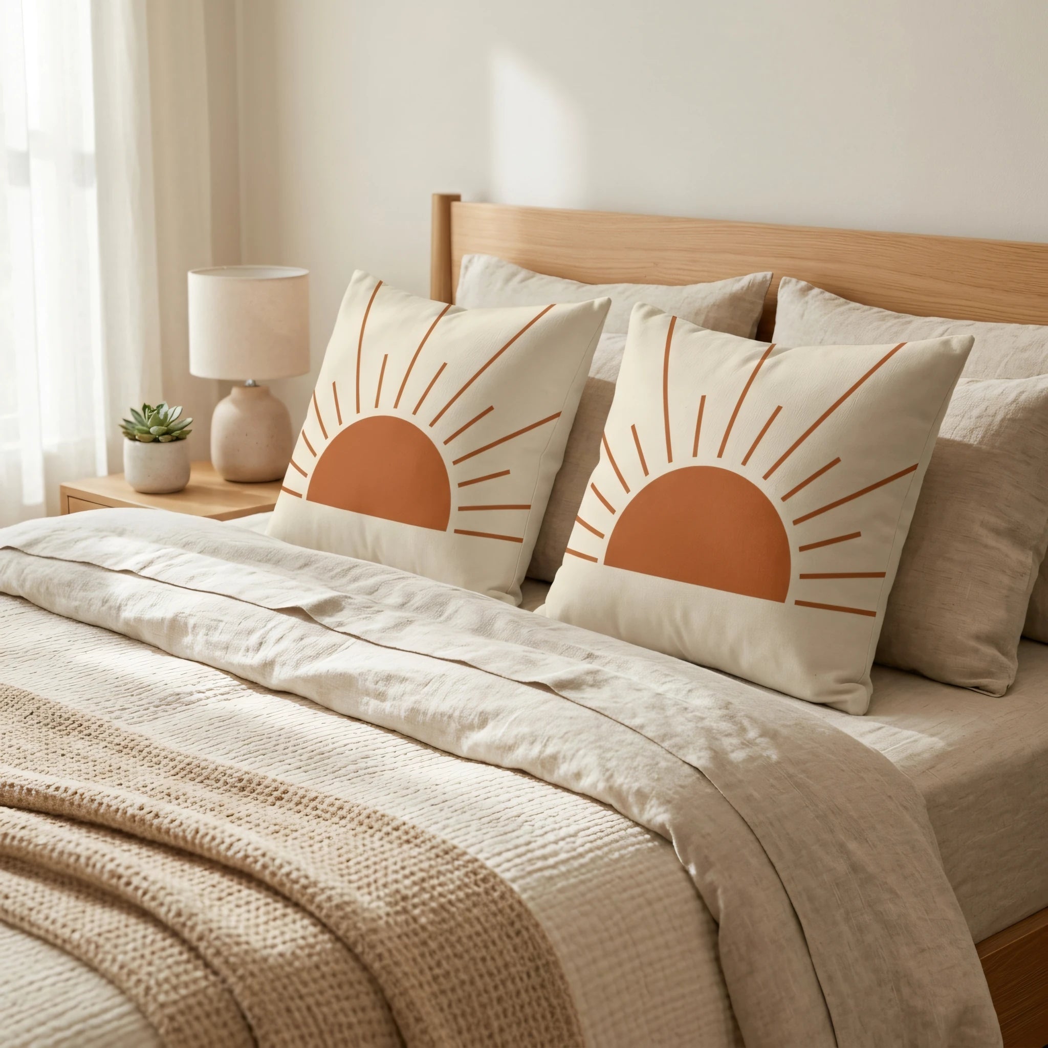 Pair of decorative cushions featuring a minimalist burnt orange sun motif on cream fabric, styled on a neutral bed in a sunny modern bedroom.