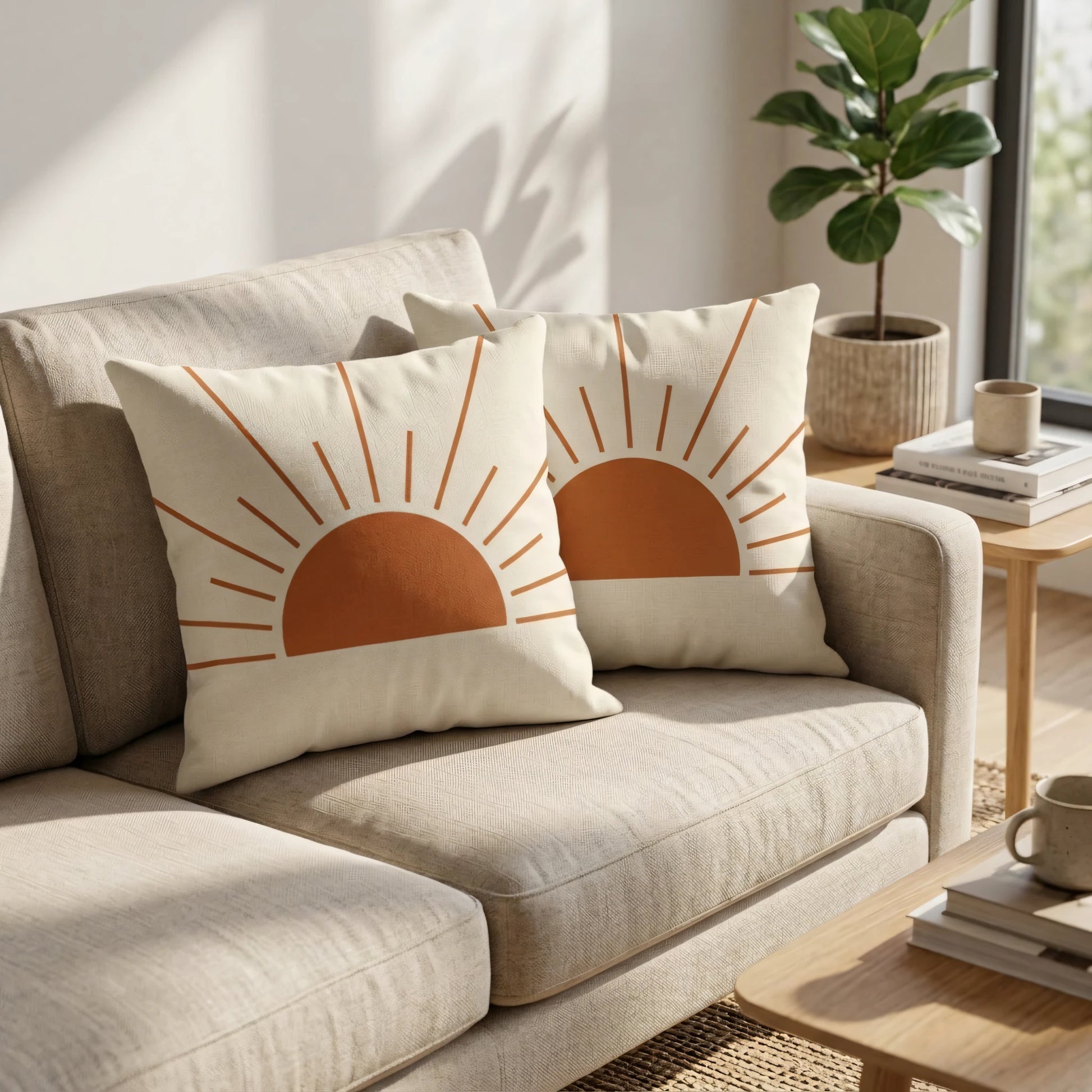 Duo of decorative throw pillows featuring a terracotta rising sun design on a cream sofa in a bright, boho living room scene.