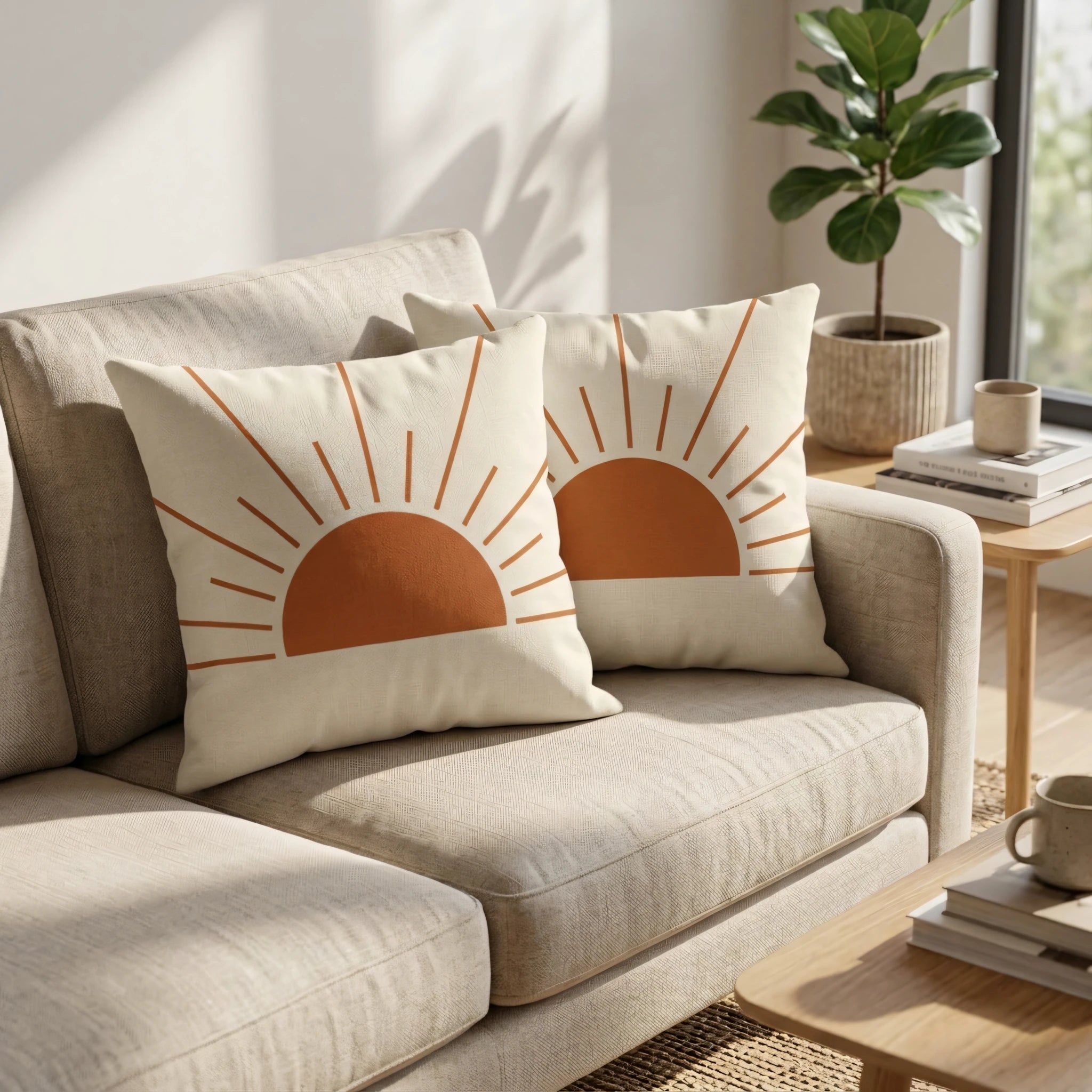Duo of decorative throw pillows featuring a terracotta rising sun design on a cream sofa in a bright, boho living room scene.