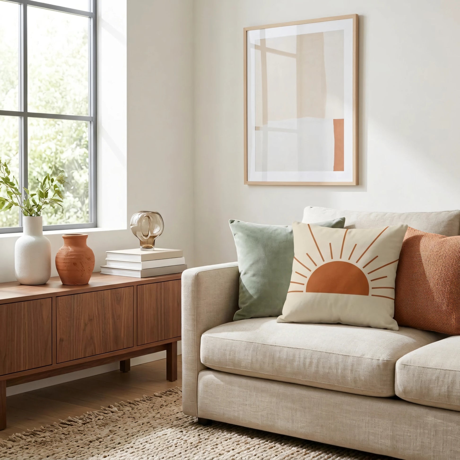Boho rust sun design cushion on a beige sofa in a modern living room with neutral decor, wooden furniture, and a textured rug.