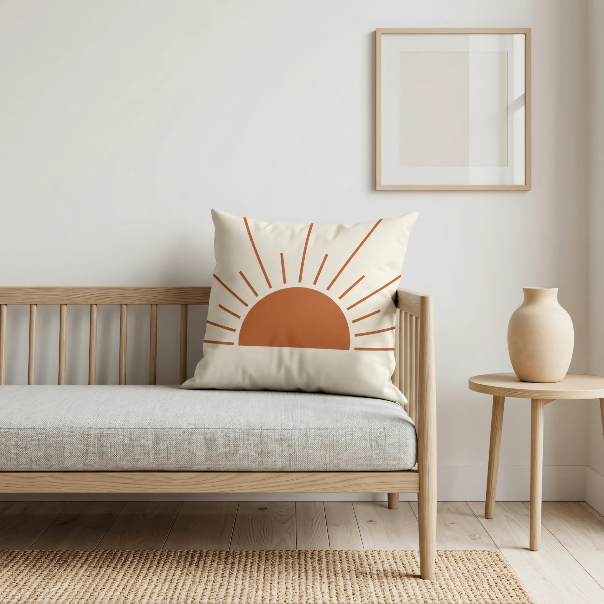 Terracotta sun print cushion on a light wood sofa in a minimalist room with a side table and neutral tones, perfect for modern home decor.