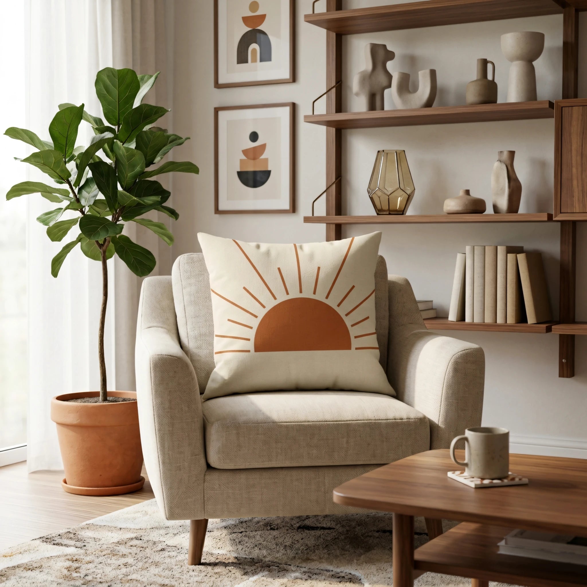Terracotta sunburst throw pillow on a beige armchair in a cozy boho living room with a fiddle leaf fig plant and wooden shelving.