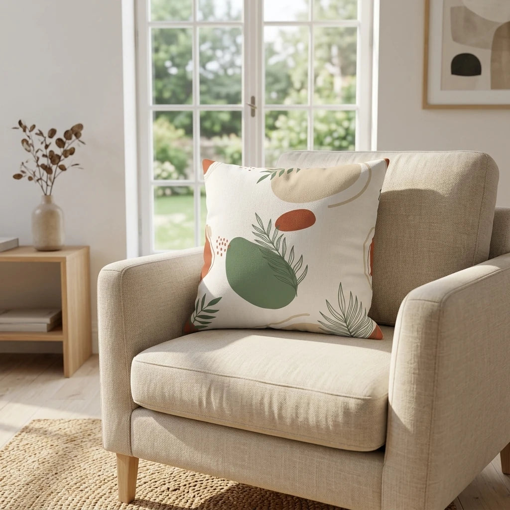 Abstract botanical throw pillow with green and earth-toned shapes on a beige armchair in a bright, modern living room setting.