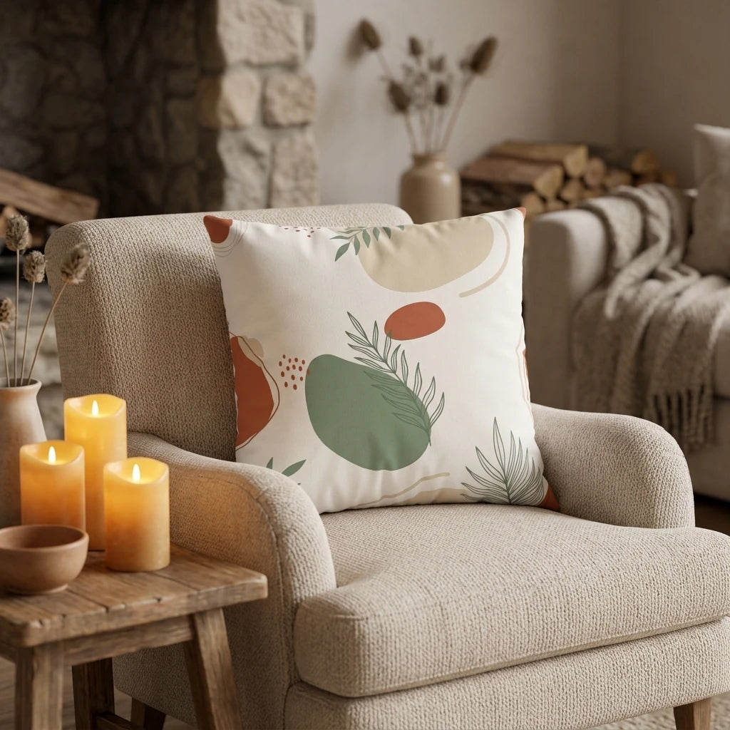Abstract botanical throw cushion with sage green and terracotta patterns on a beige armchair in a cozy living room with warm candle lighting.
