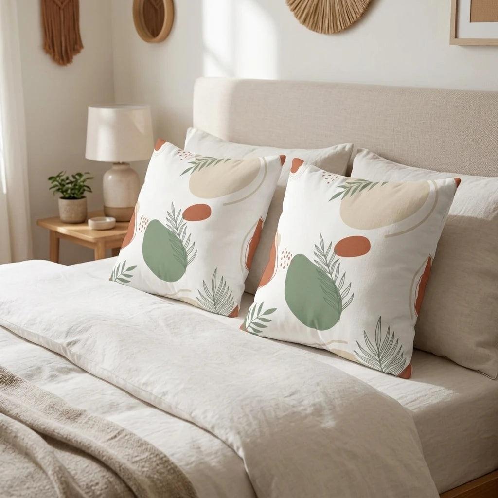 Two decorative cushions with abstract botanical patterns in sage green and terracotta displayed on a neutral bed in a bright bedroom.