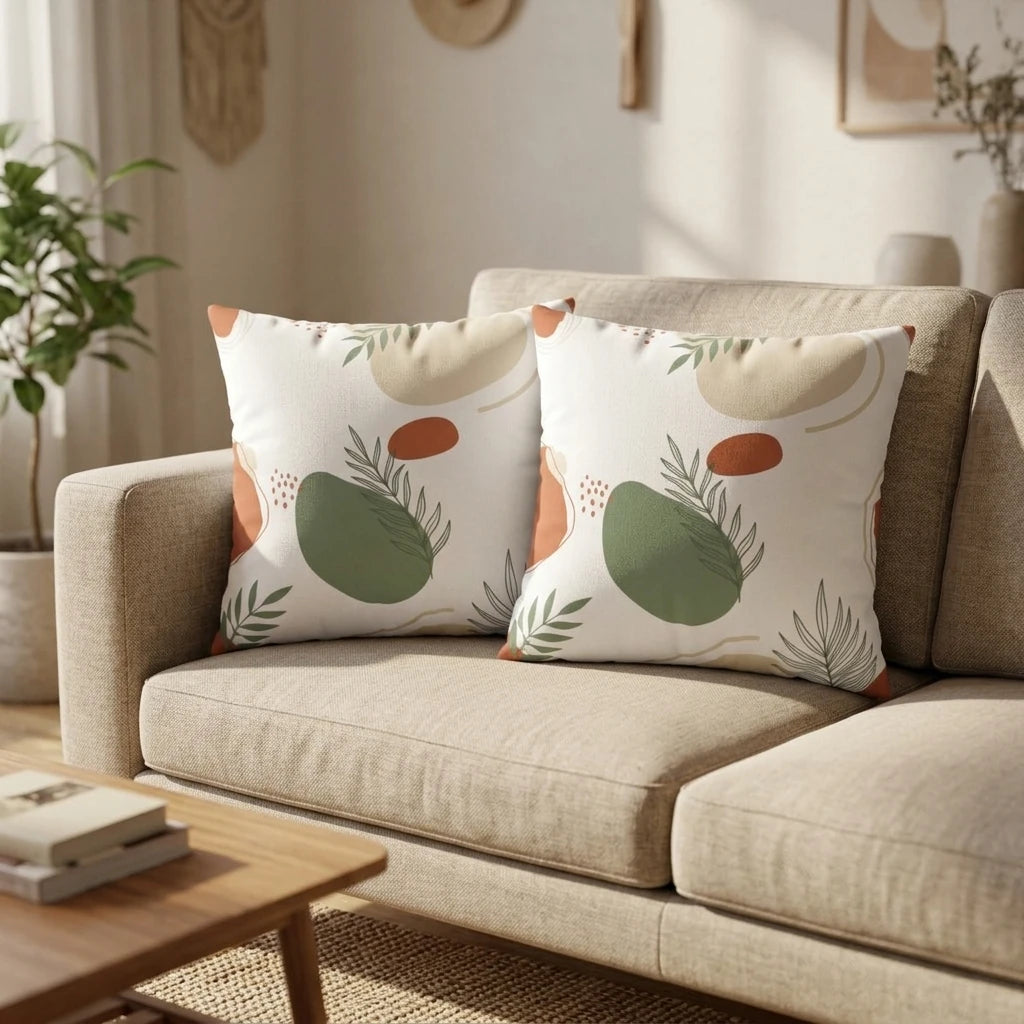 Two decorative throw pillows featuring green and terracotta abstract botanical leaf patterns on a beige sofa in a modern minimalist living room.