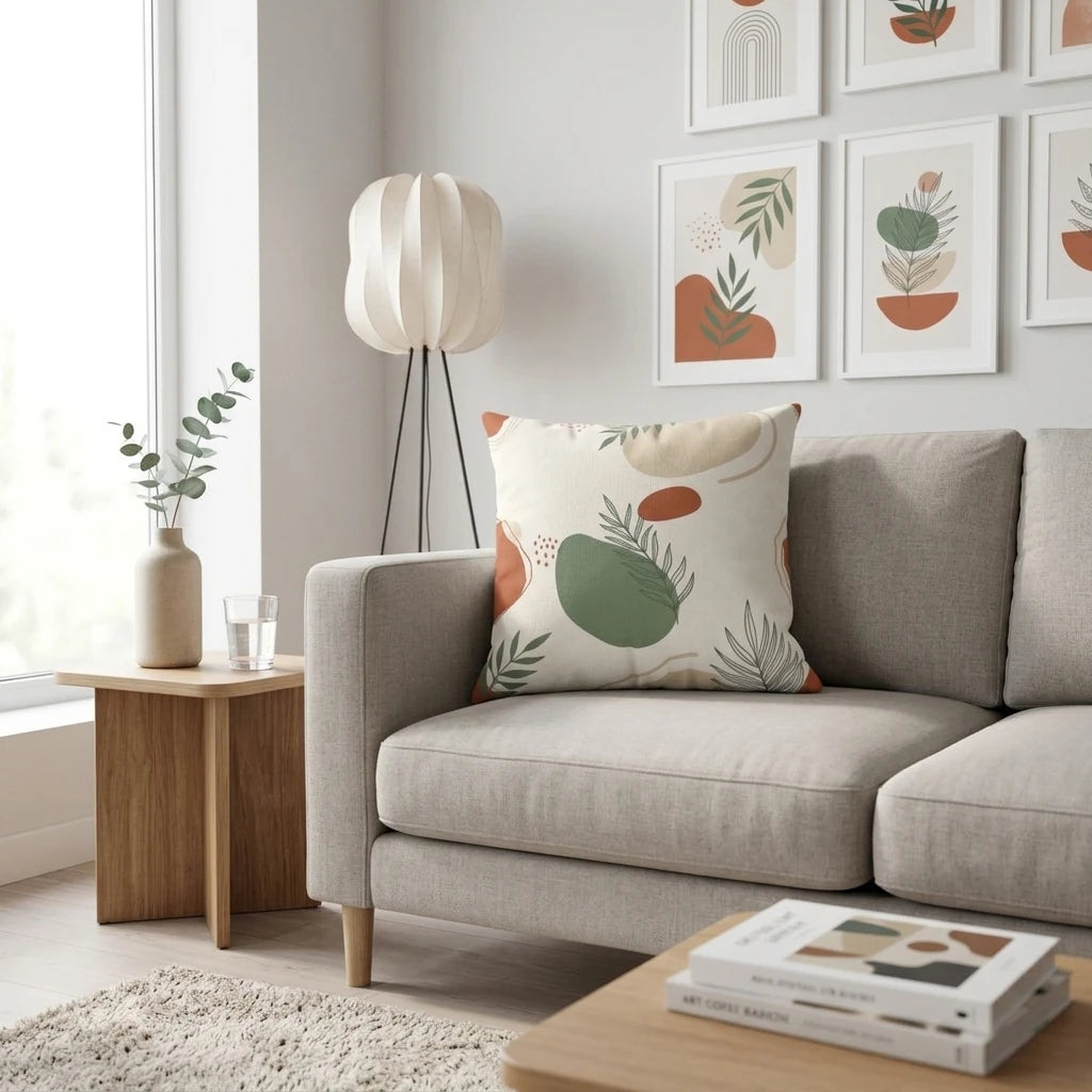 Modern throw pillow with earthy botanical abstract patterns on a light grey sofa in a minimalist, sunlit living room.