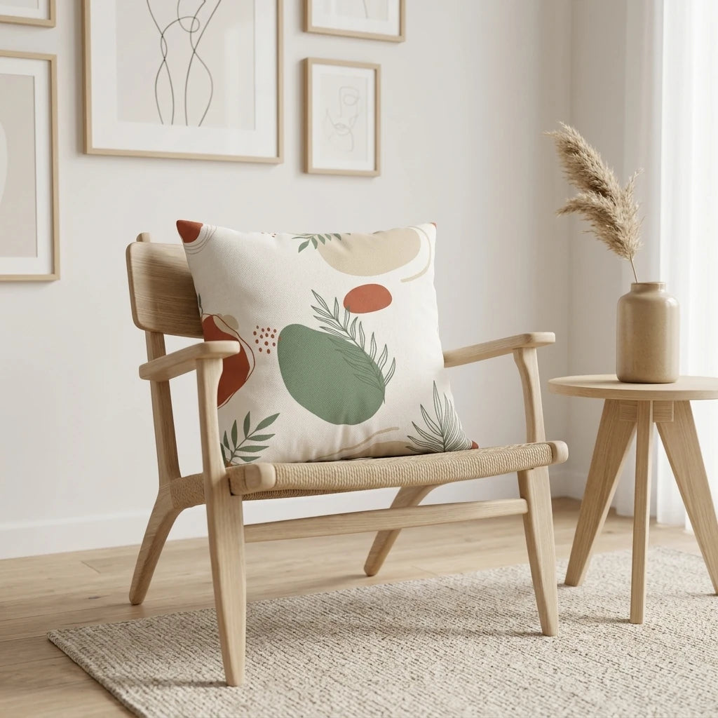 Minimalist cushion with botanical abstract art on a light wood armchair. Neutral home decor scene with pampas grass and framed wall art.