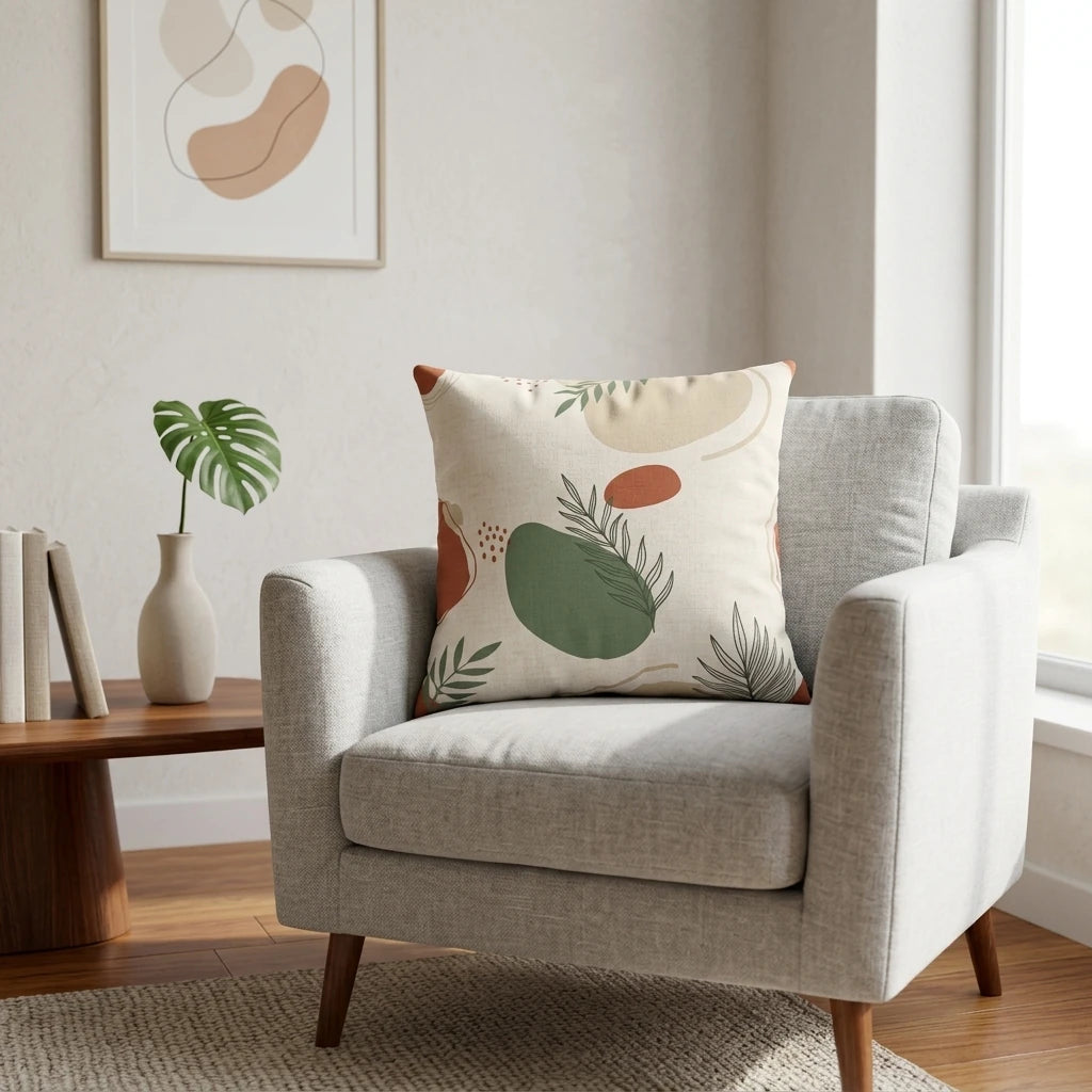 Modern decorative cushion featuring abstract green leaves and terracotta shapes, displayed on a grey armchair in a minimalist living room.