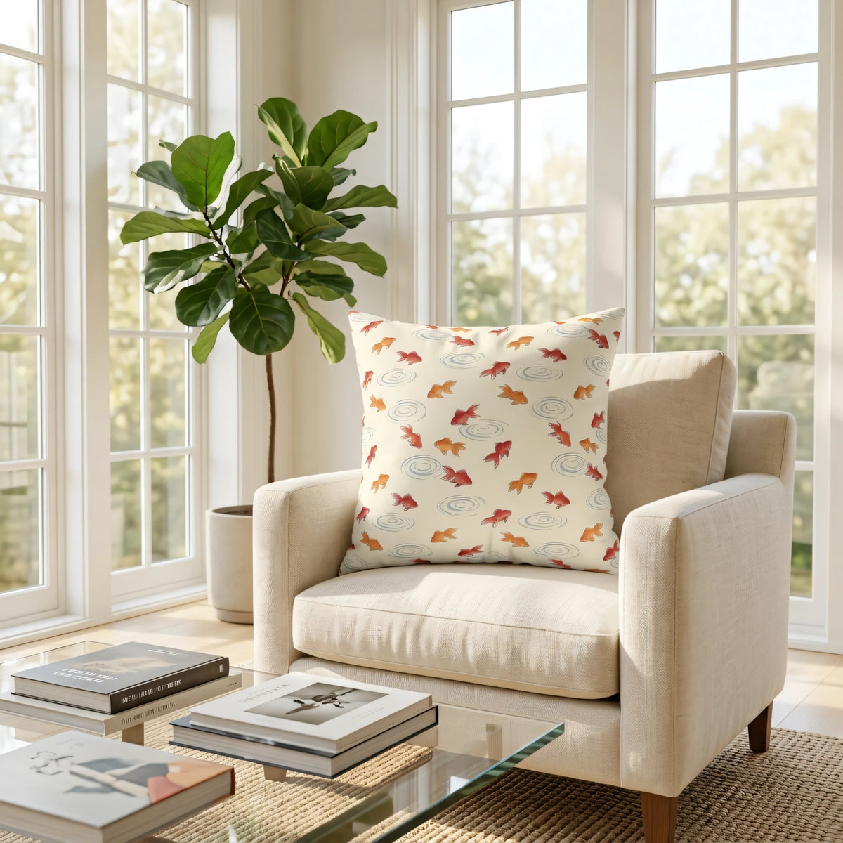 Watercolor Kingyo Goldfish Pillow Cover, lifestyle view.