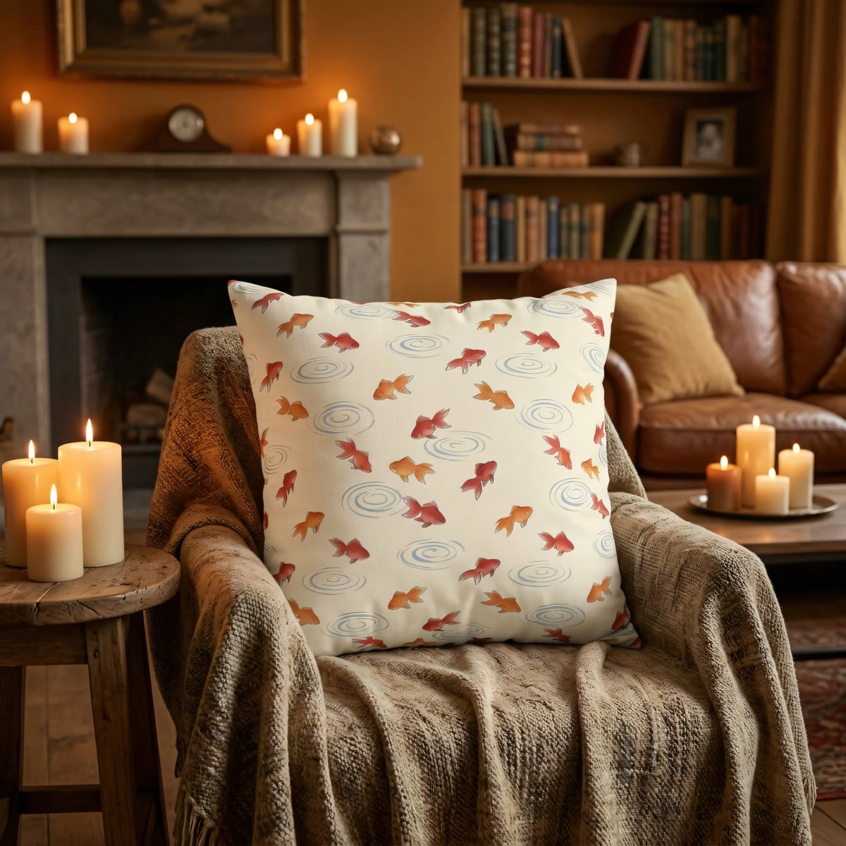 Watercolor Kingyo Goldfish Pillow Cover, lifestyle view.
