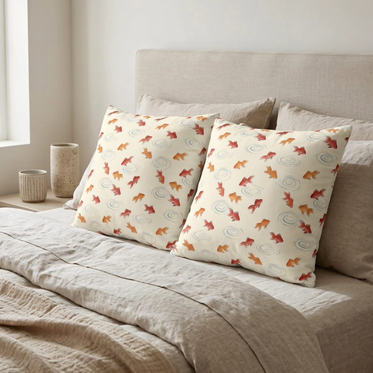 Watercolor Kingyo Goldfish Pillow Cover, lifestyle view.
