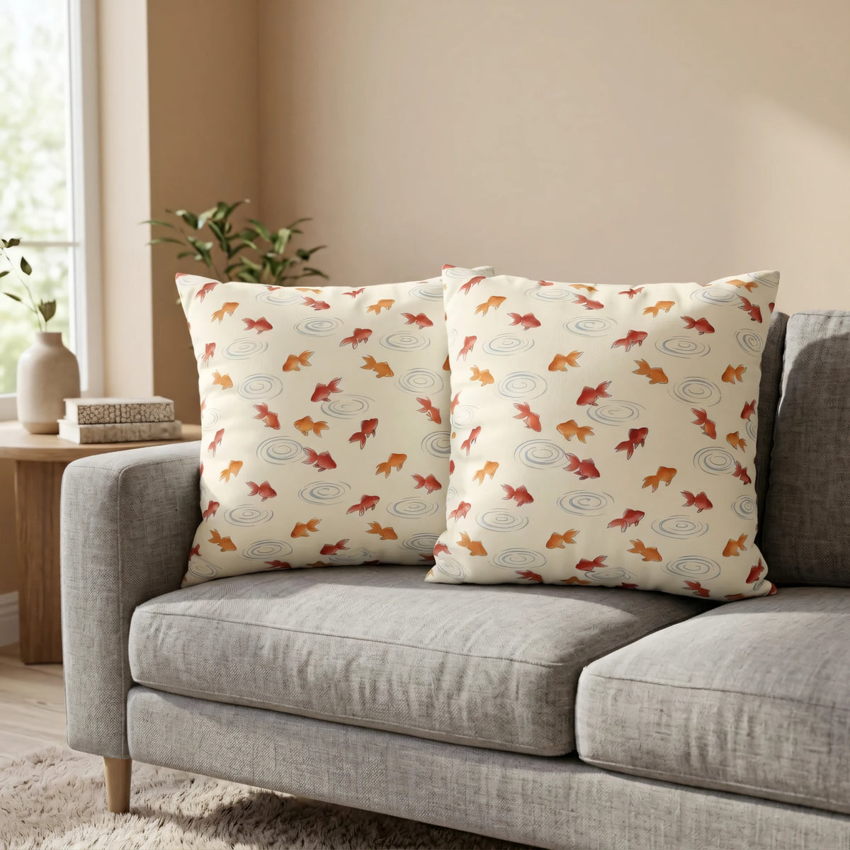 Watercolor Kingyo Goldfish Pillow Cover, lifestyle view.