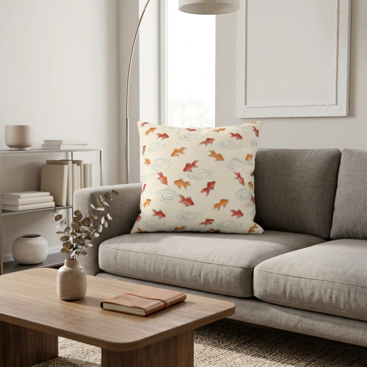 Watercolor Kingyo Goldfish Pillow Cover, lifestyle view.