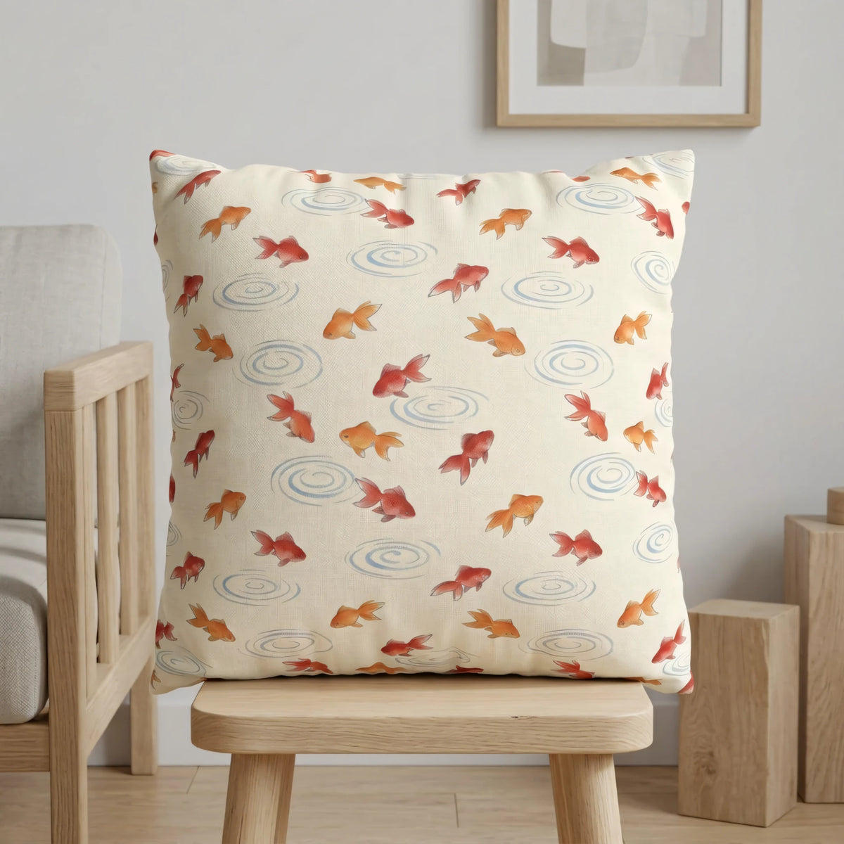 Watercolor Kingyo Goldfish Pillow Cover, lifestyle view.